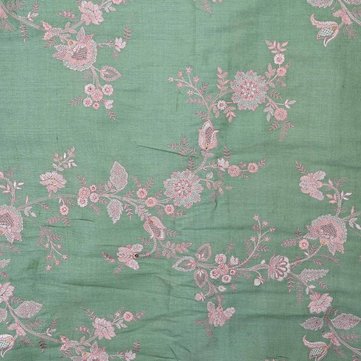 Turquoise Green Embroidered Tussar Fabric