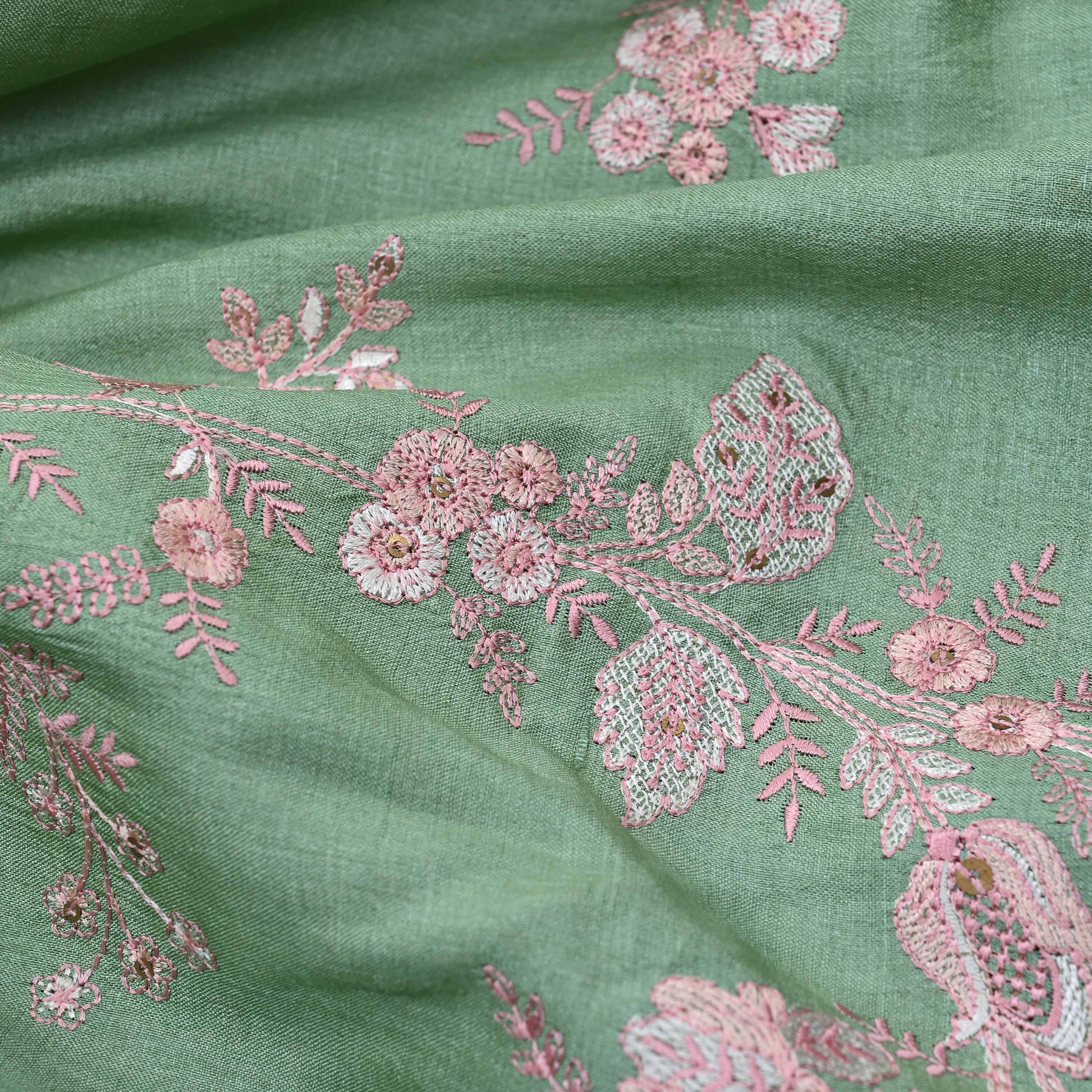 Turquoise Green Embroidered Tussar Fabric