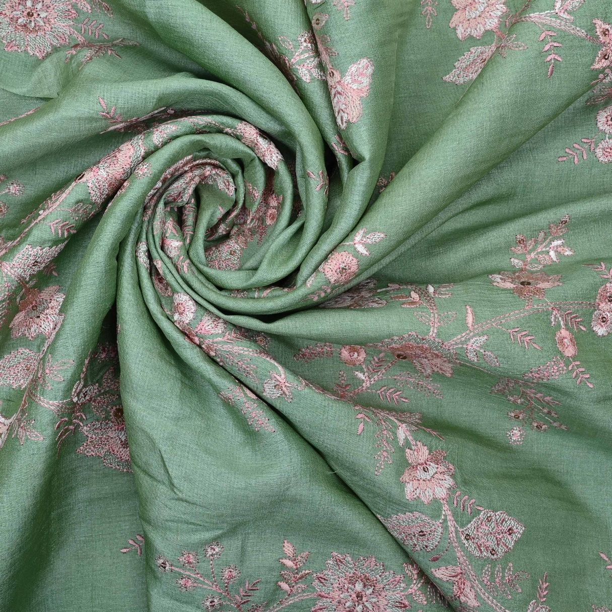 Turquoise Green Embroidered Tussar Fabric