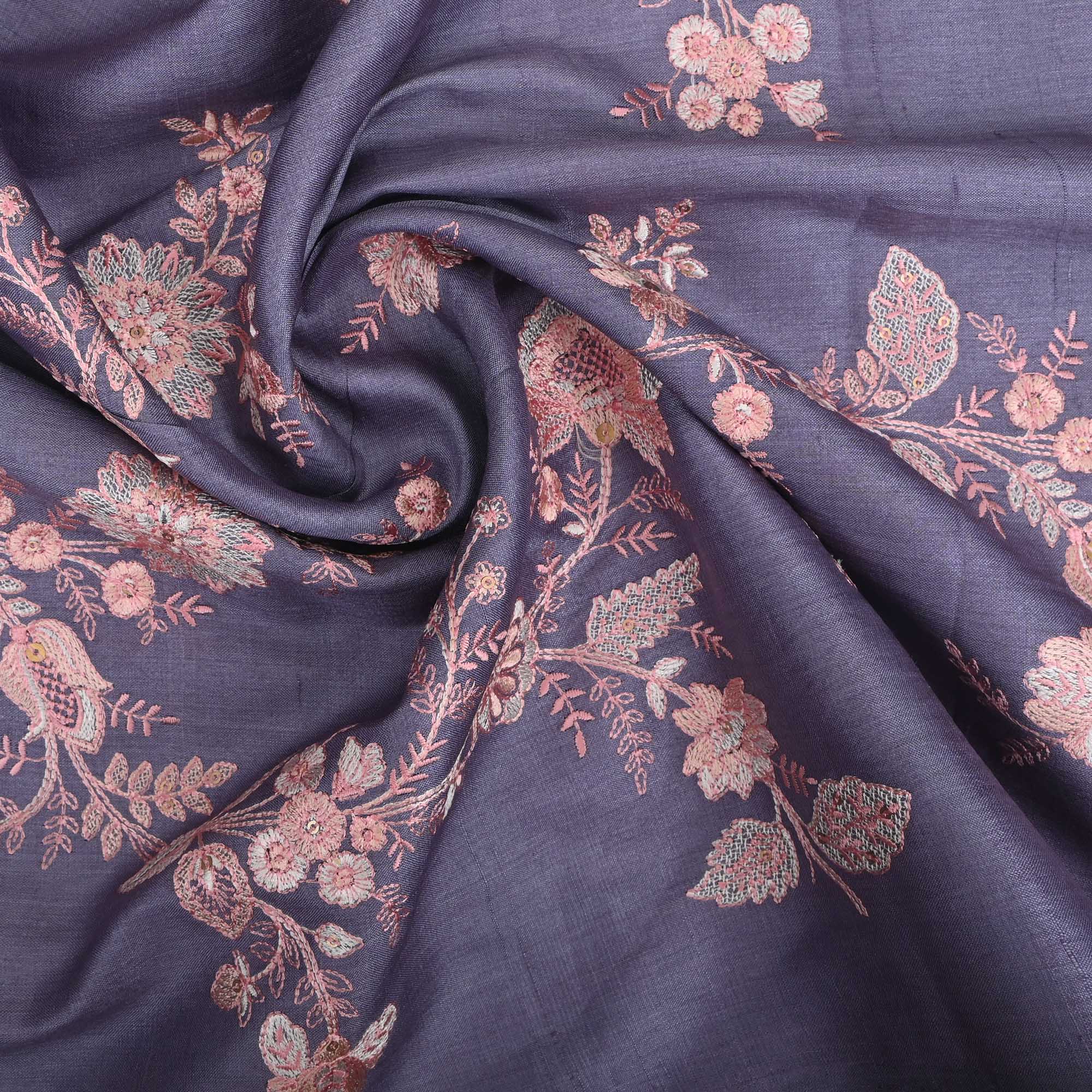 Blue Lilac Embroidered Tussar Fabric