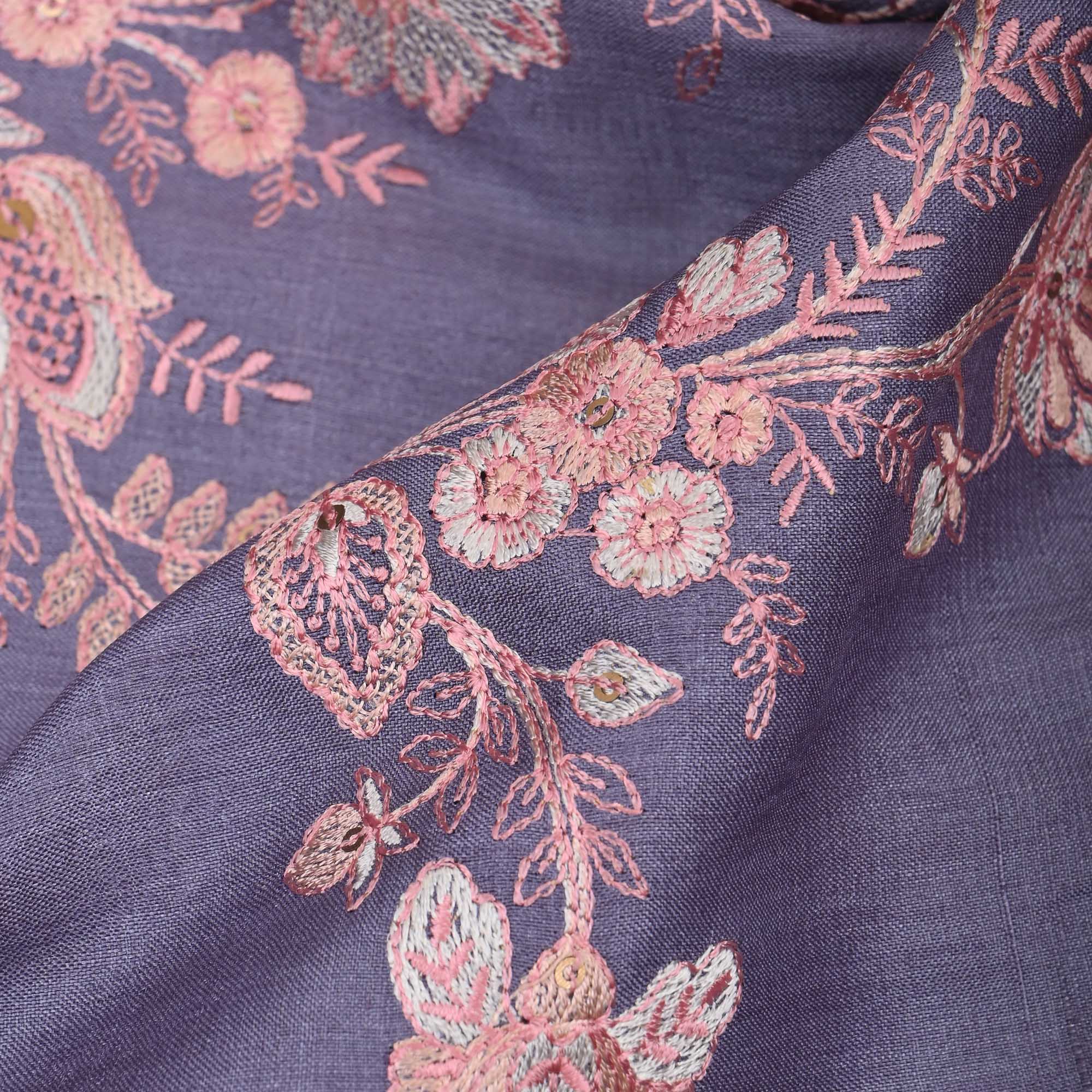 Blue Lilac Embroidered Tussar Fabric