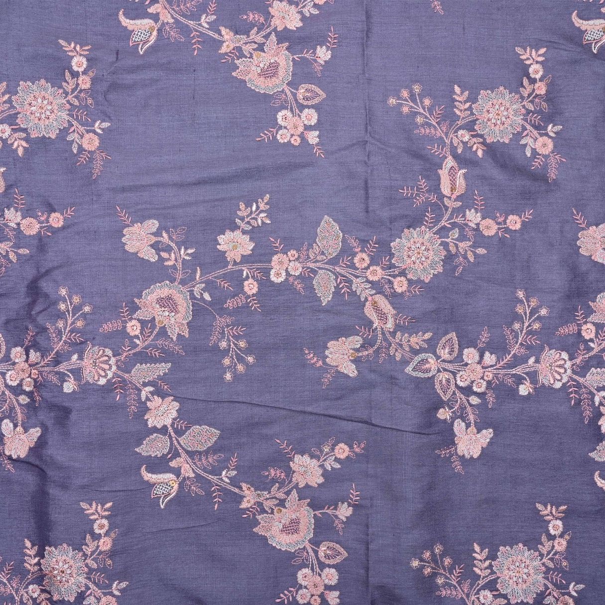 Blue Lilac Embroidered Tussar Fabric