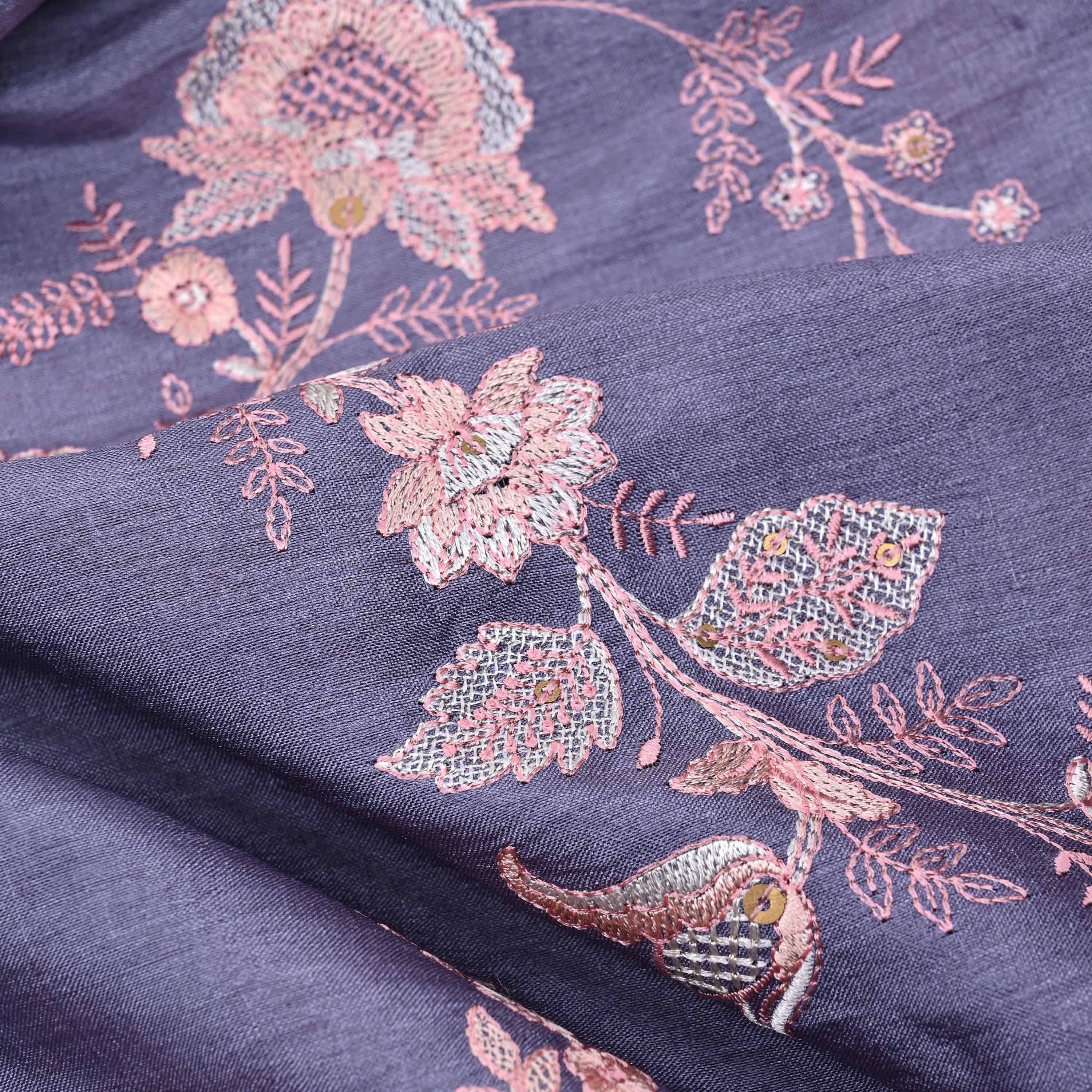 Blue Lilac Embroidered Tussar Fabric