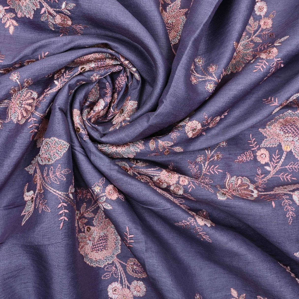 Blue Lilac Embroidered Tussar Fabric