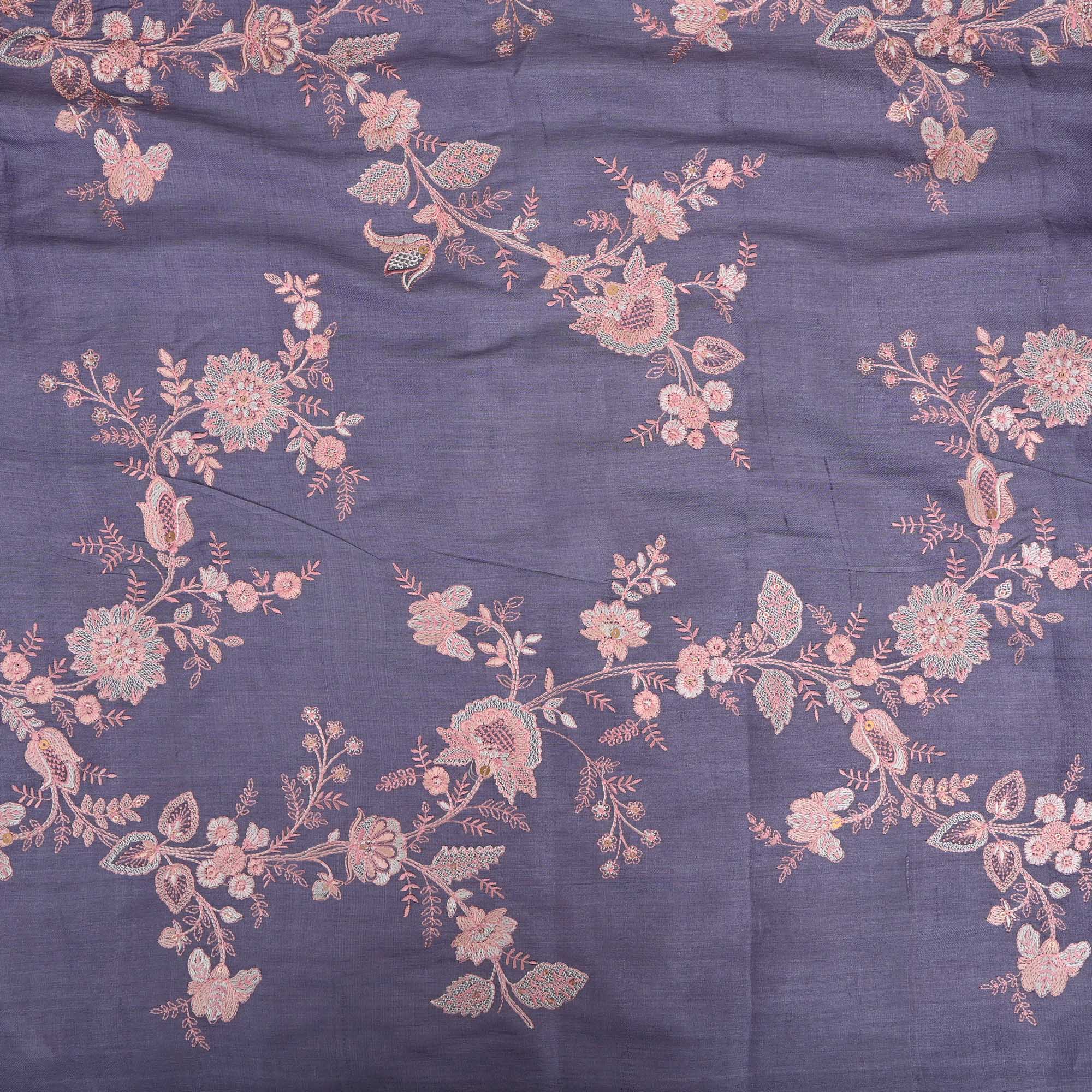 Blue Lilac Embroidered Tussar Fabric