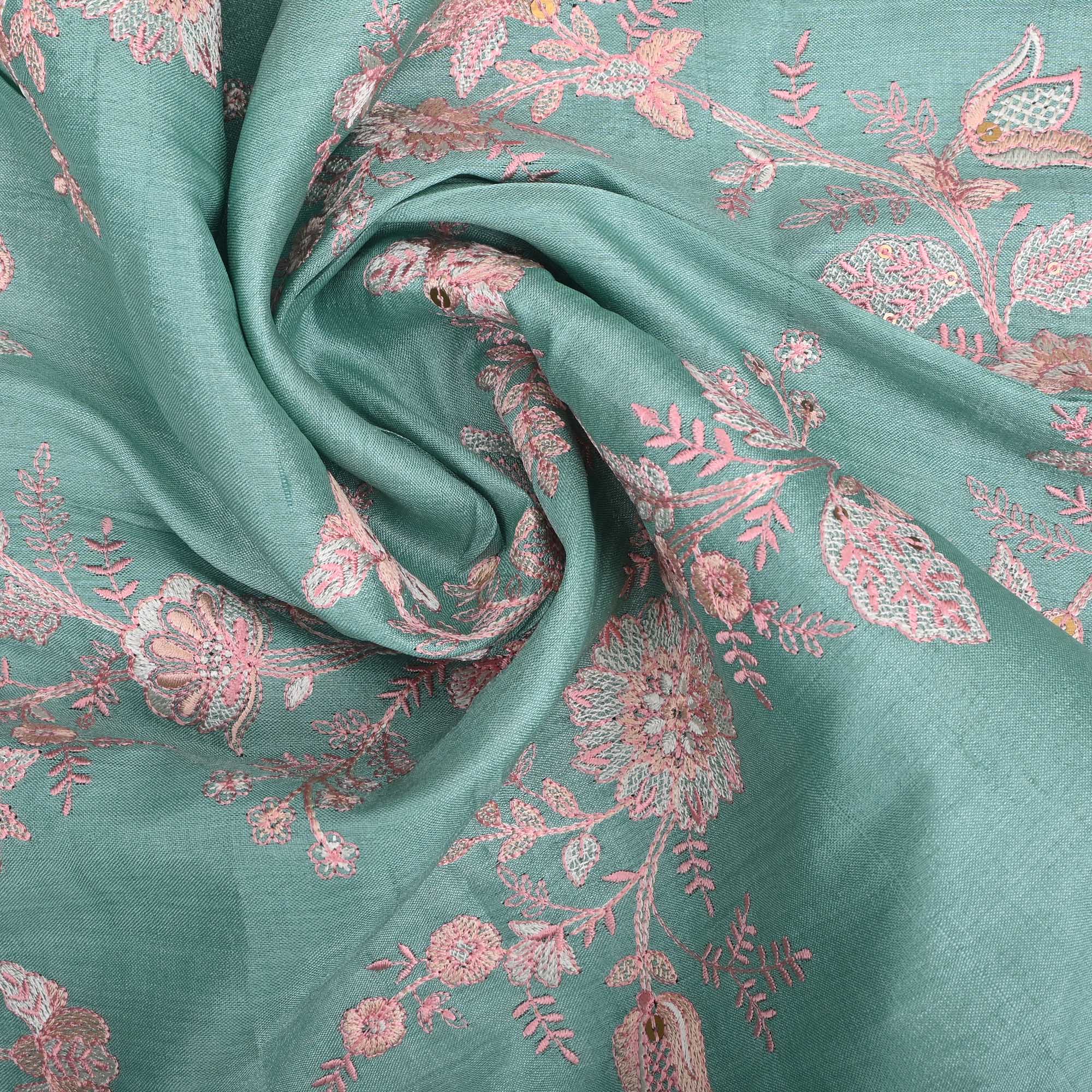 Turquoise Green Embroidered Tussar Fabric