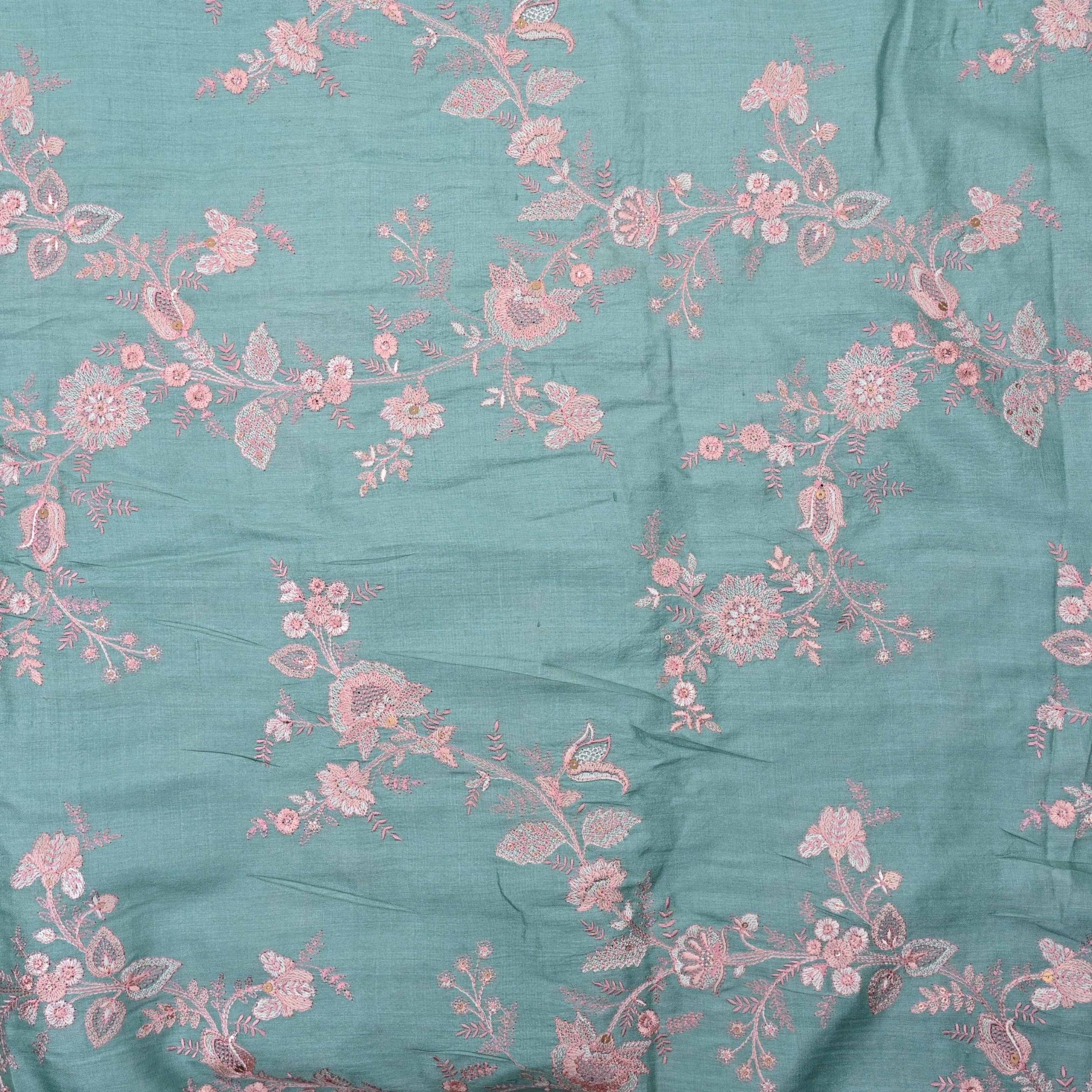 Teal Blue Embroidered Tussar Fabric