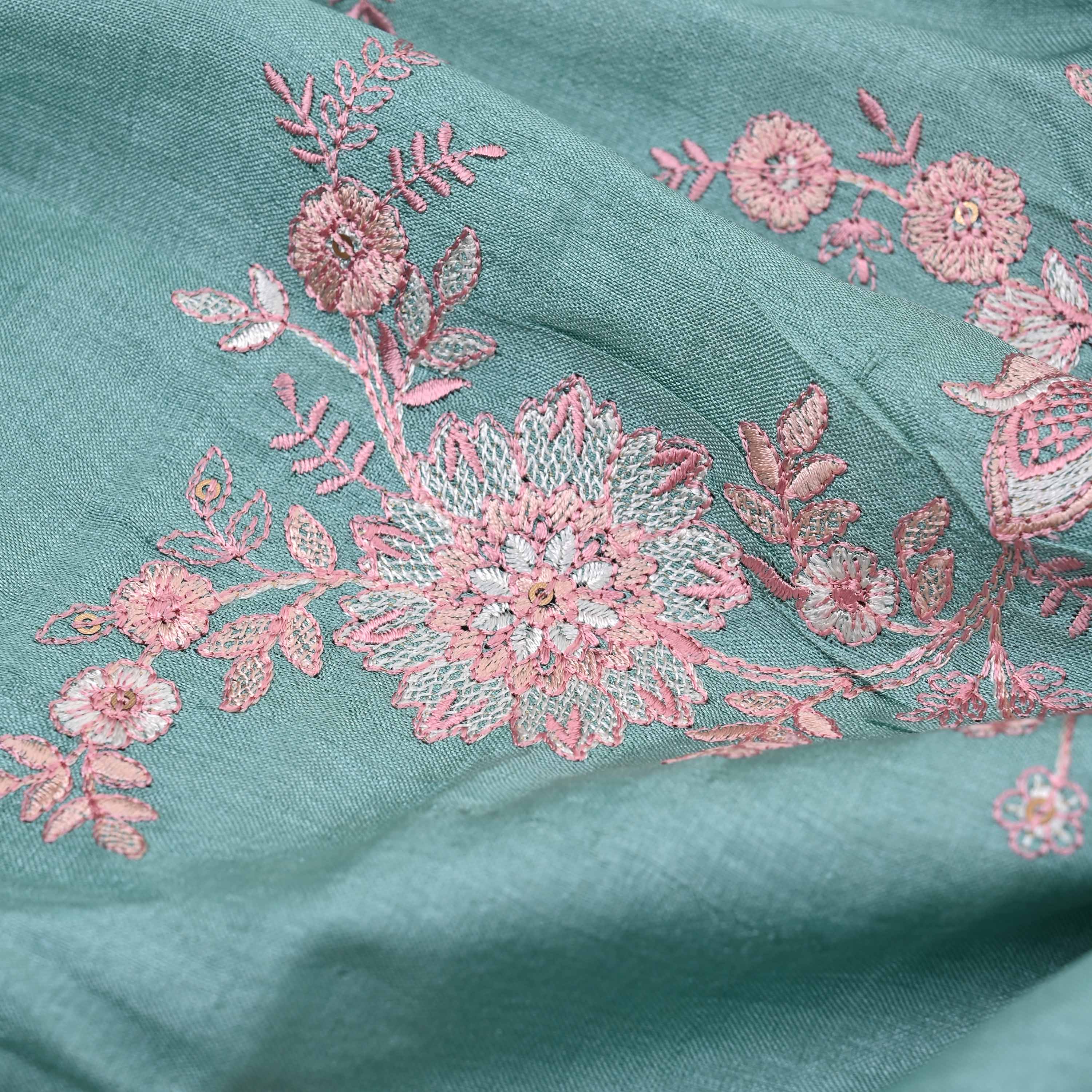 Teal Blue Embroidered Tussar Fabric