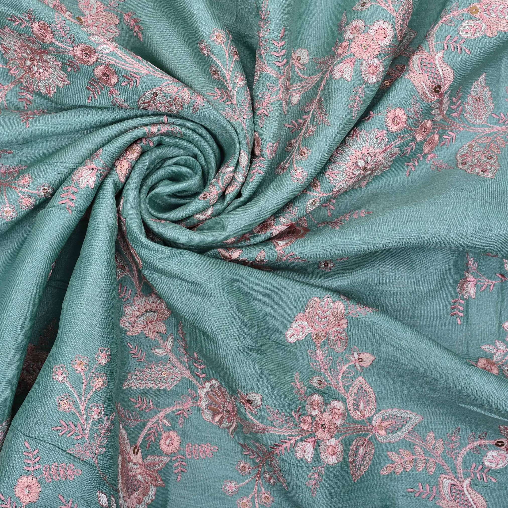 Teal Blue Embroidered Tussar Fabric