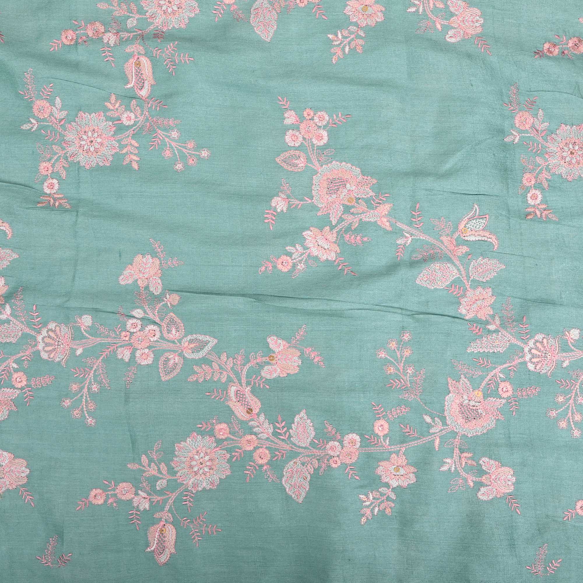 Turquoise Green Embroidered Tussar Fabric