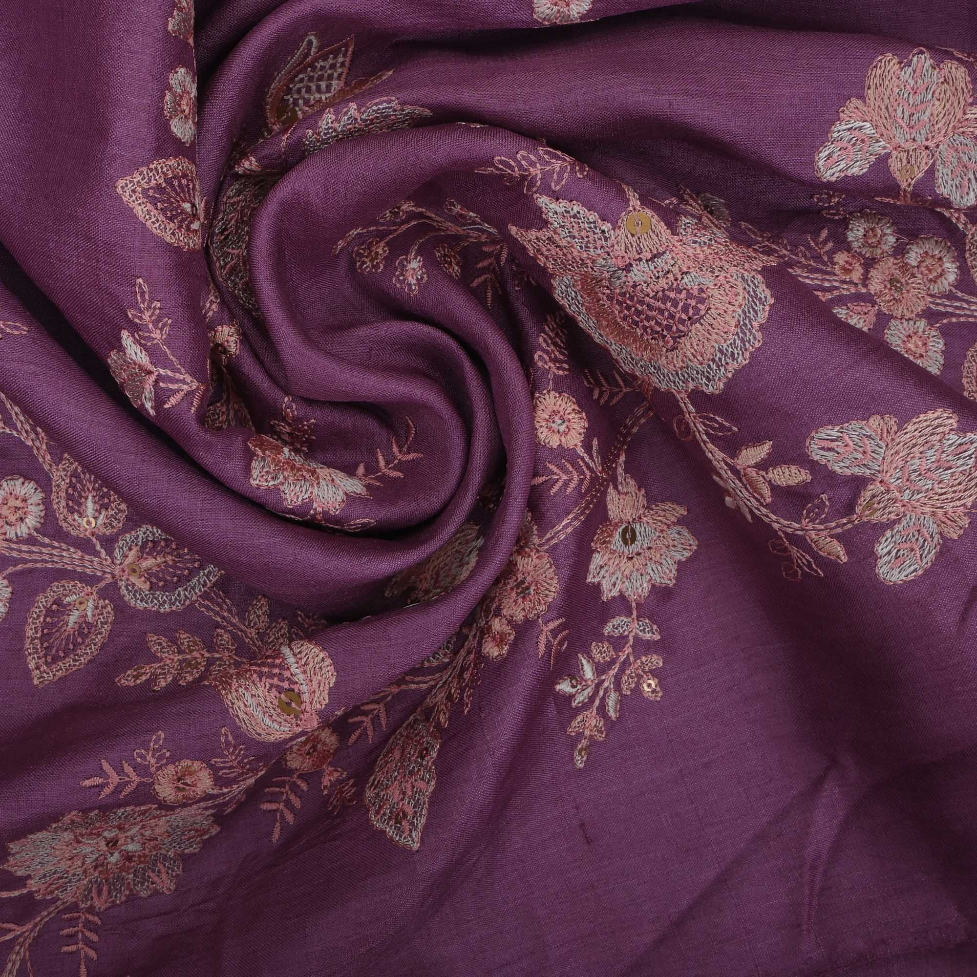 Strong Purple Embroidered Tussar Fabric