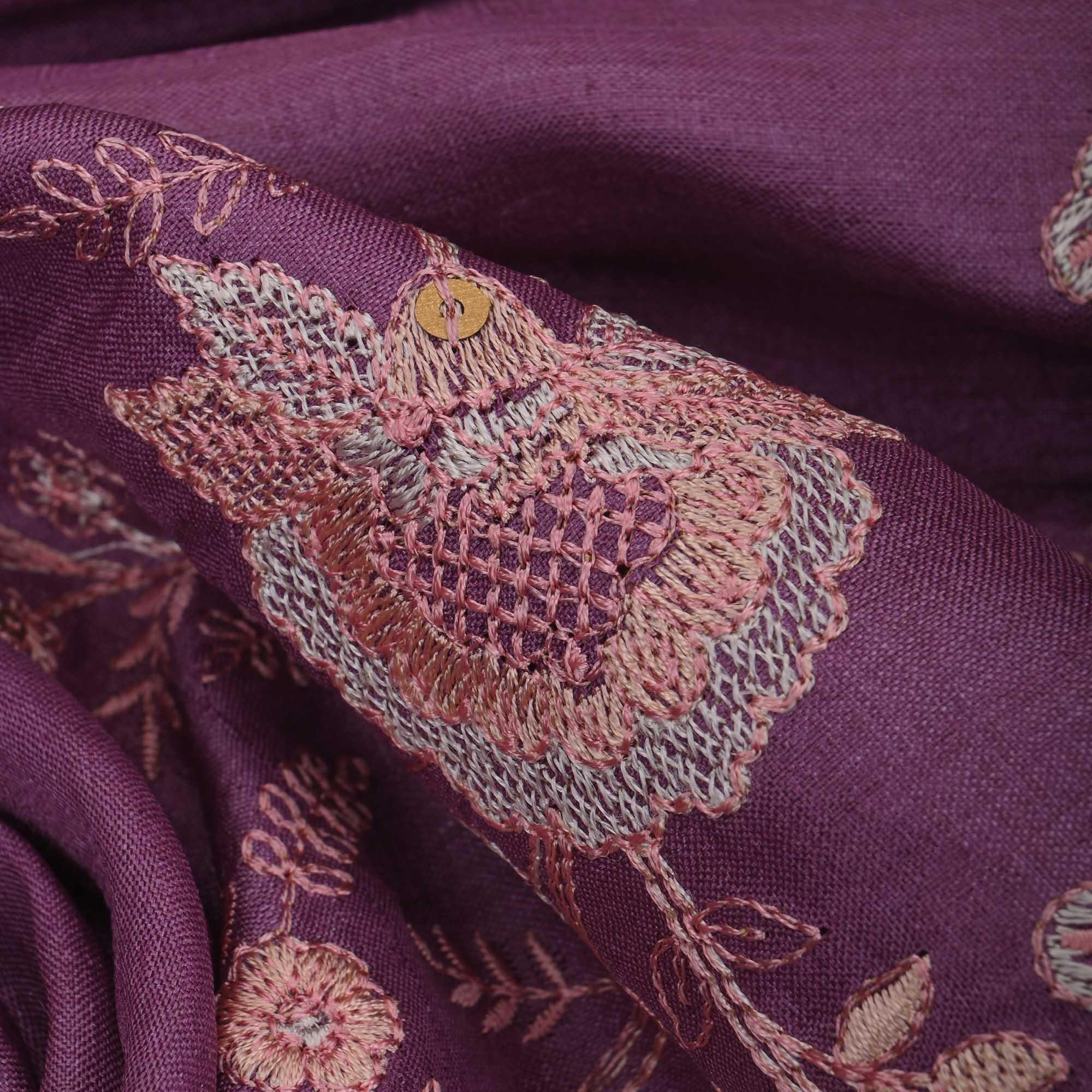 Strong Purple Embroidered Tussar Fabric