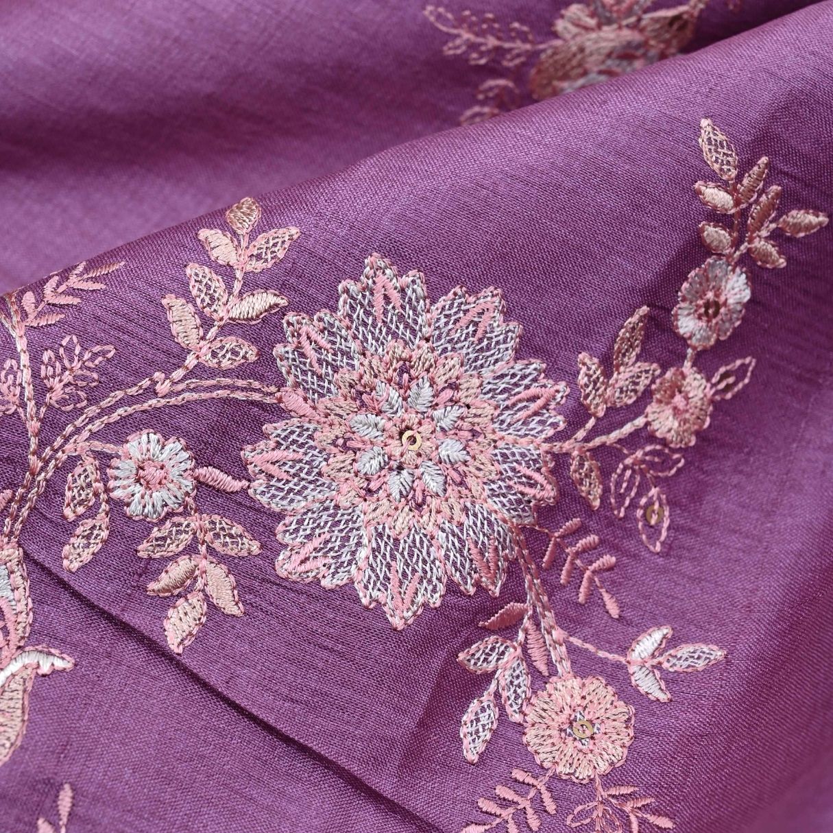 Sunset Purple Embroidered Tussar Fabric