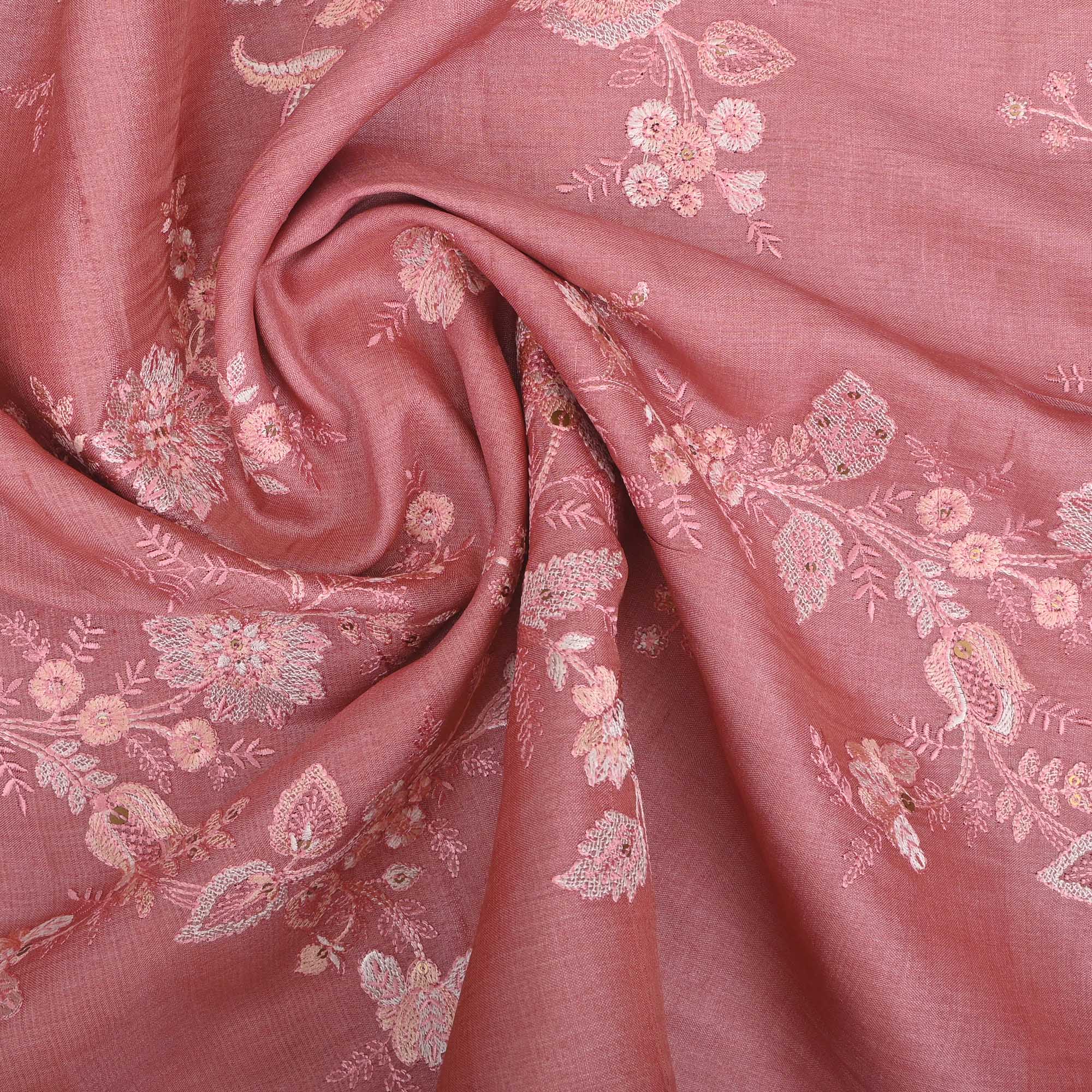 Rose Gold Embroidered Tussar Fabric