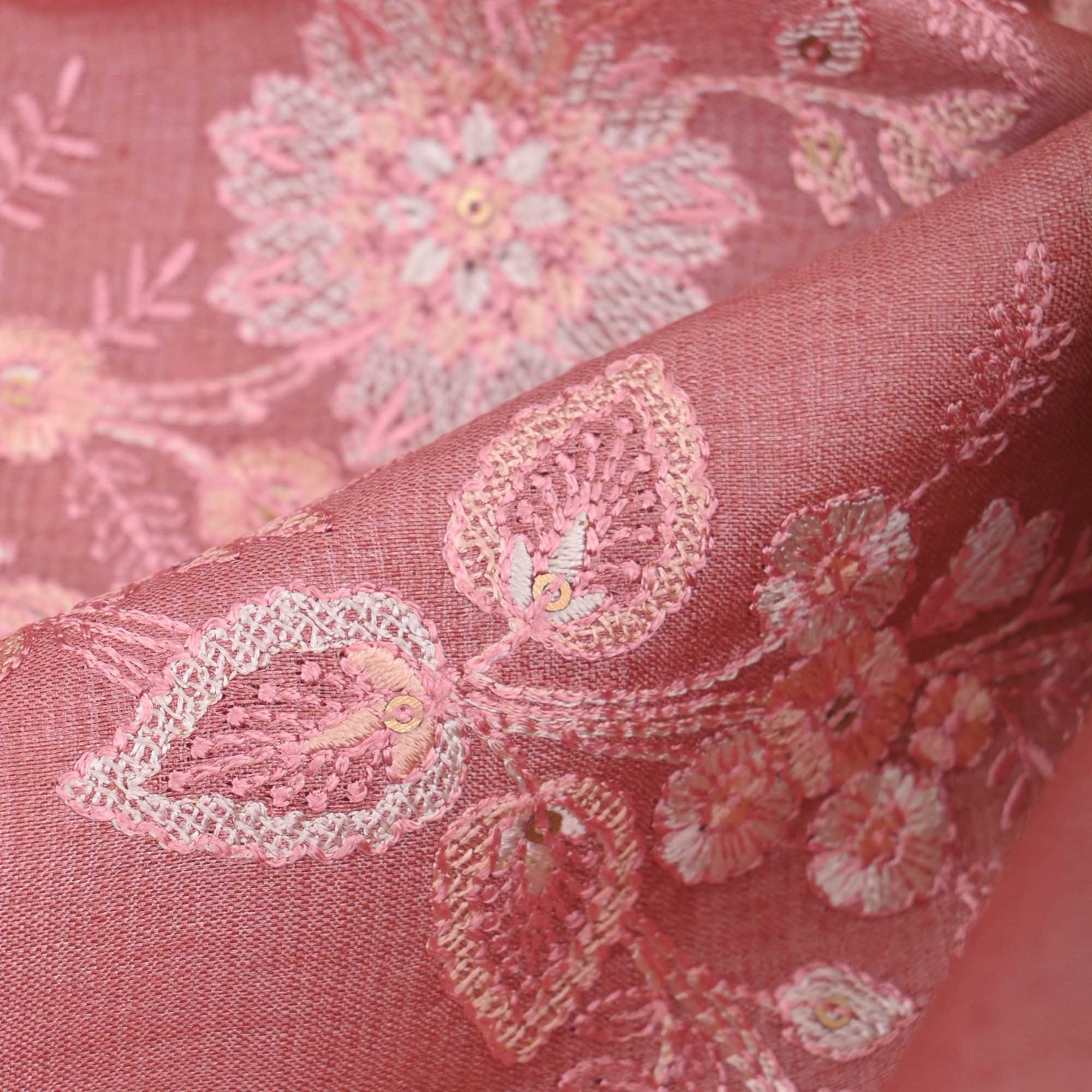 Rose Gold Embroidered Tussar Fabric