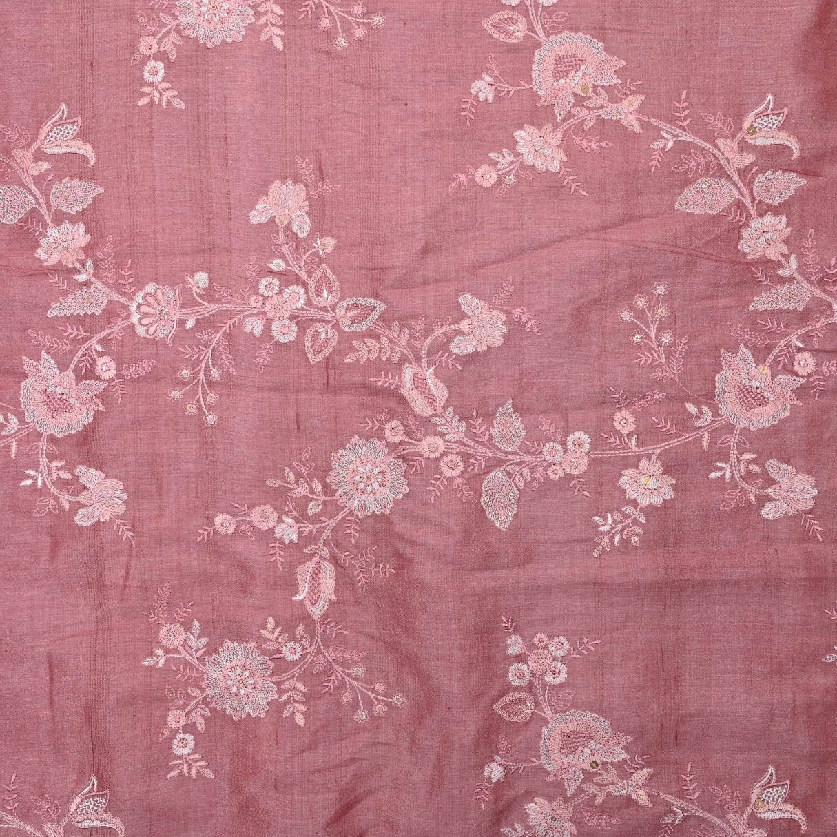 Ruddy Pink Embroidered Tussar Fabric