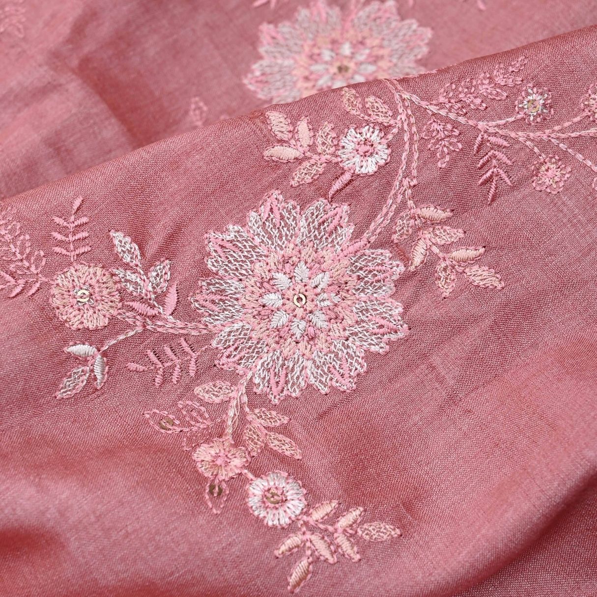 Ruddy Pink Embroidered Tussar Fabric