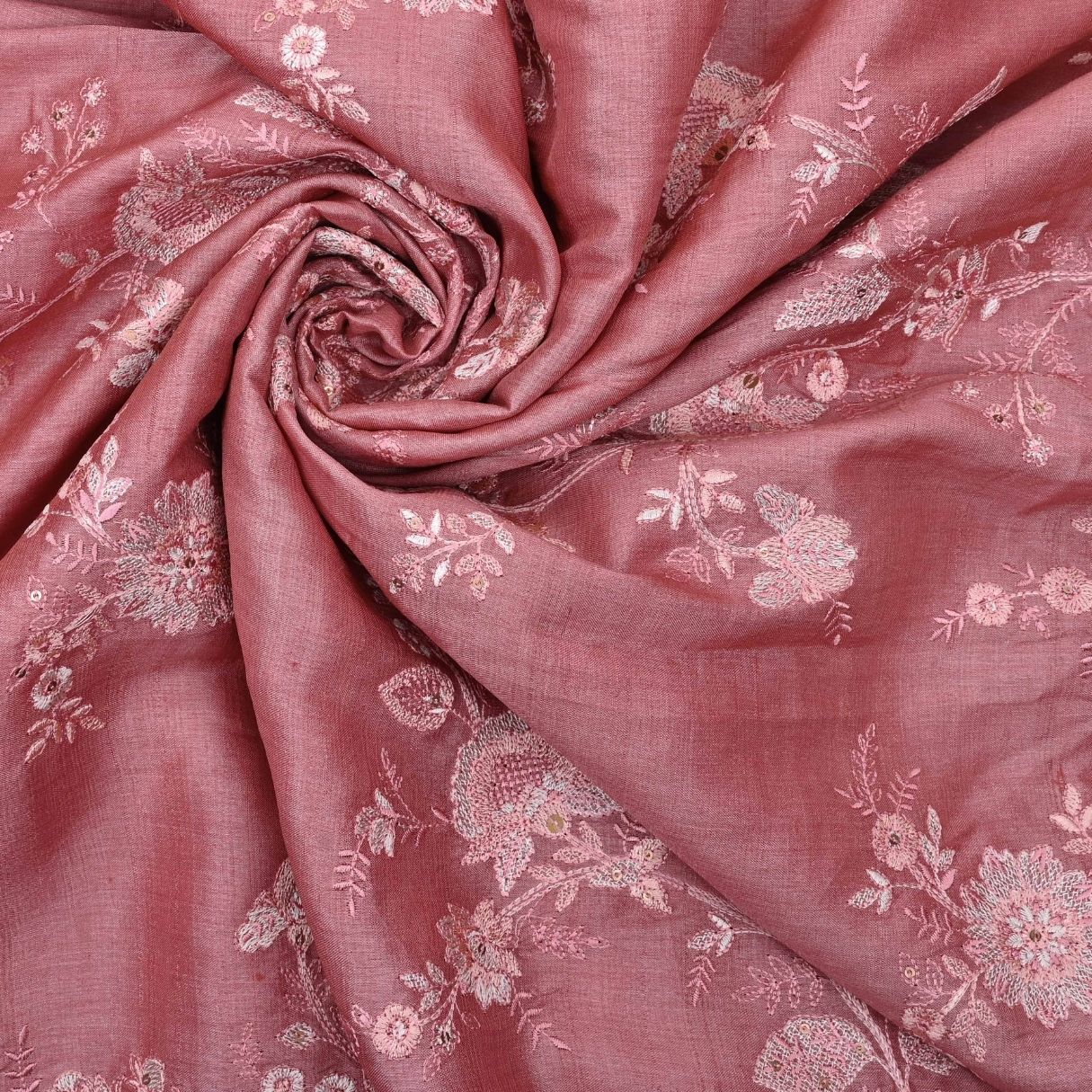 Ruddy Pink Embroidered Tussar Fabric