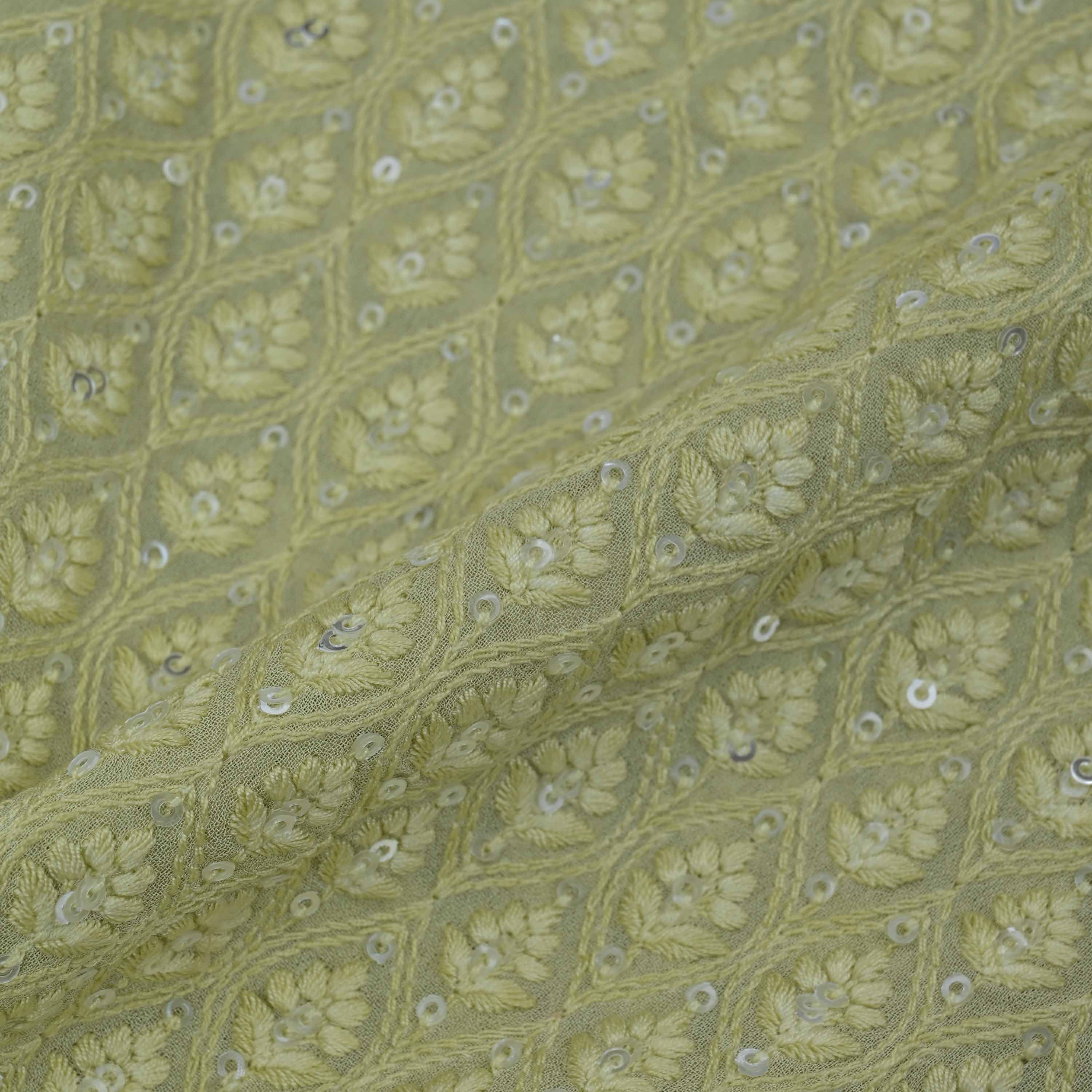 Tea Green Embroidery Georgette Fabric