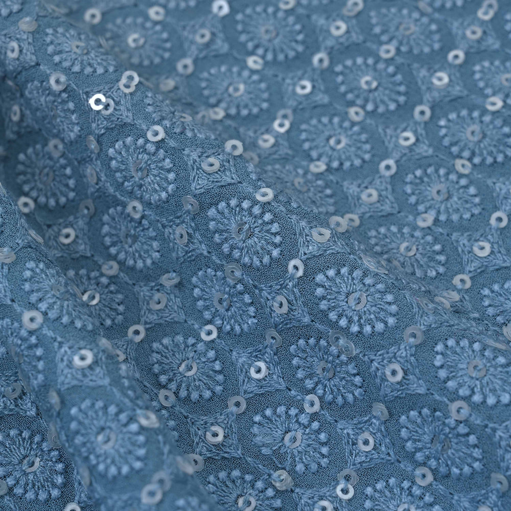 Stone Blue Embroidery Georgette Fabric