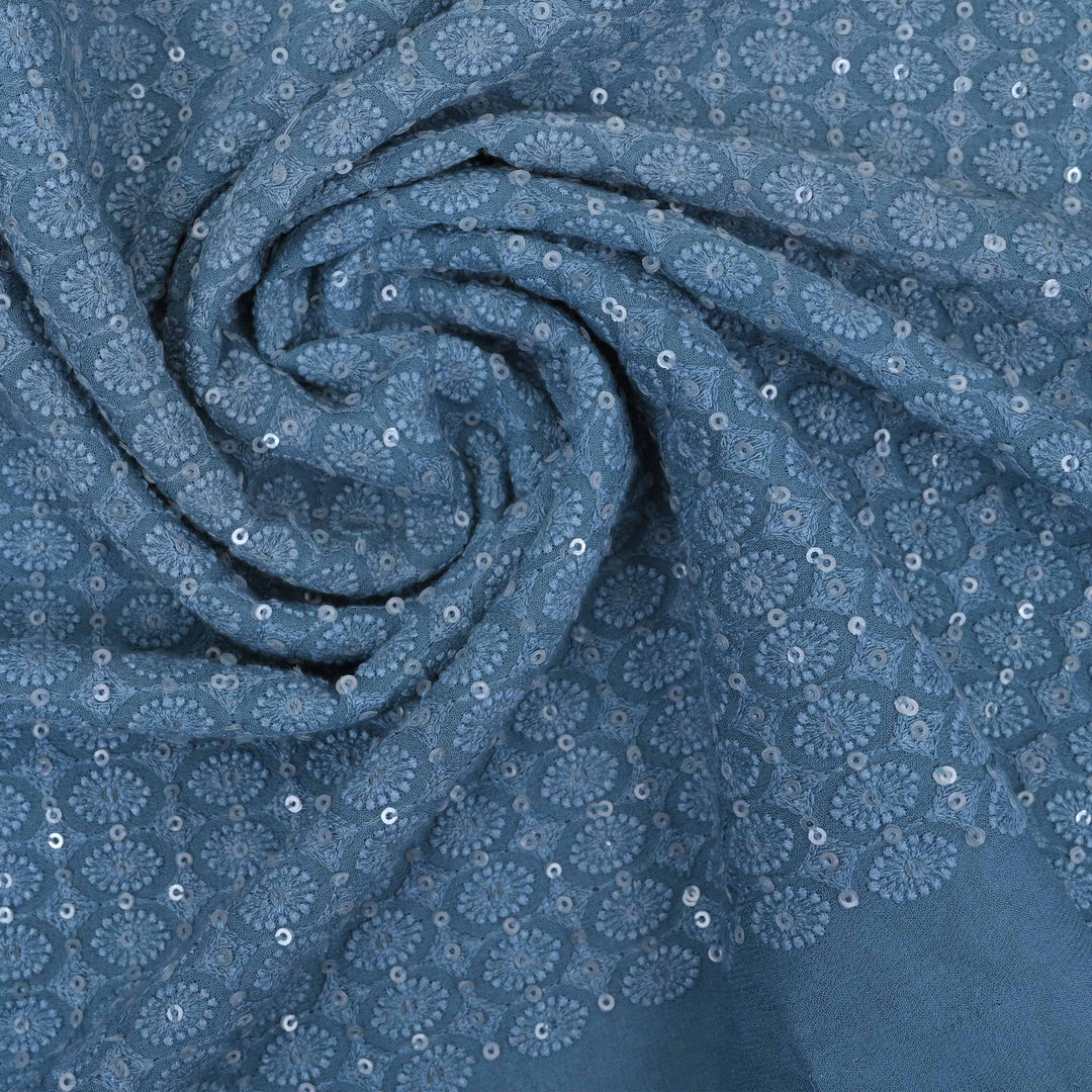 Stone Blue Embroidery Georgette Fabric