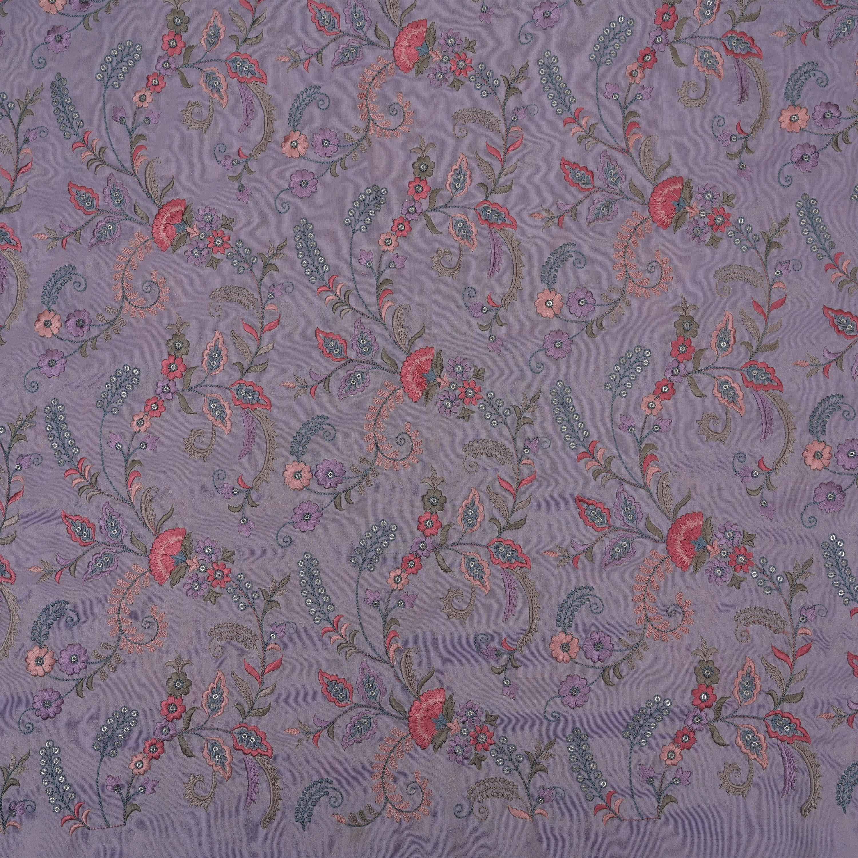 Languid Lavender Tissue Fabric With Embroidery