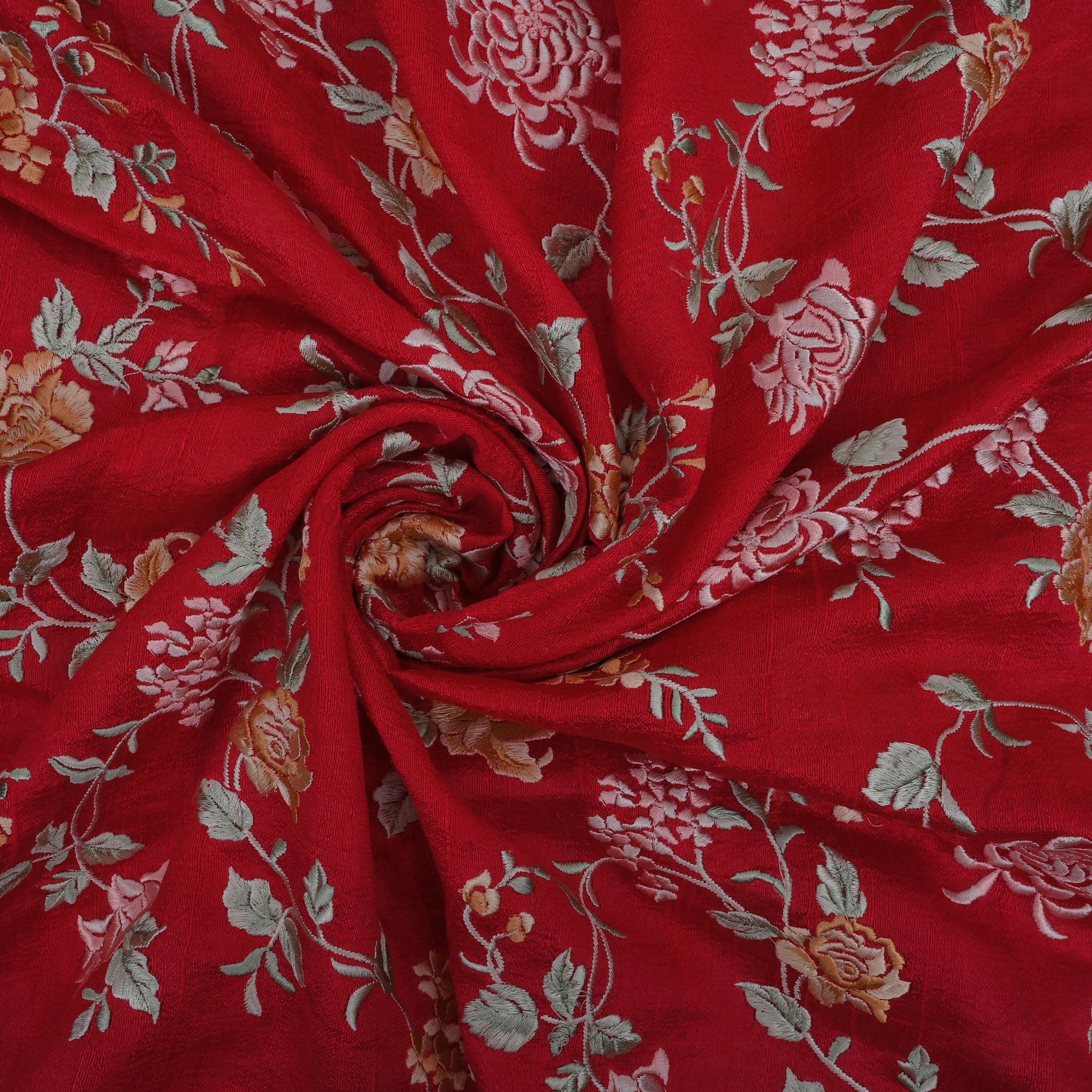 Persian Red Embroidered Raw Silk Fabric
