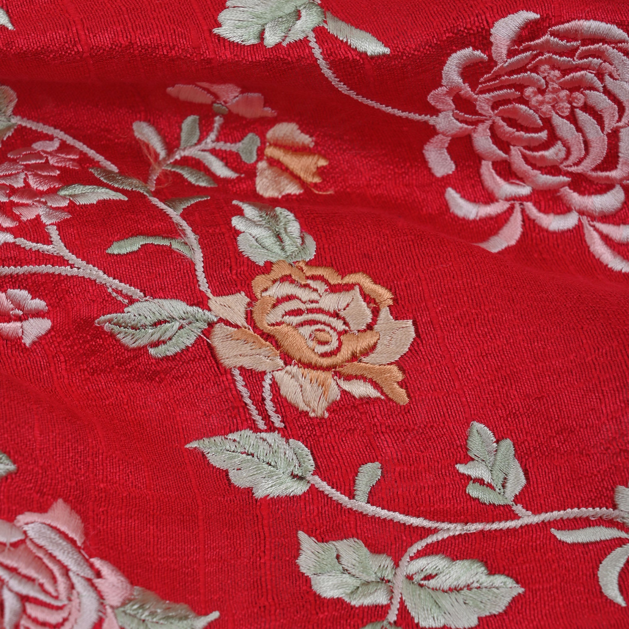 Persian Red Embroidered Raw Silk Fabric