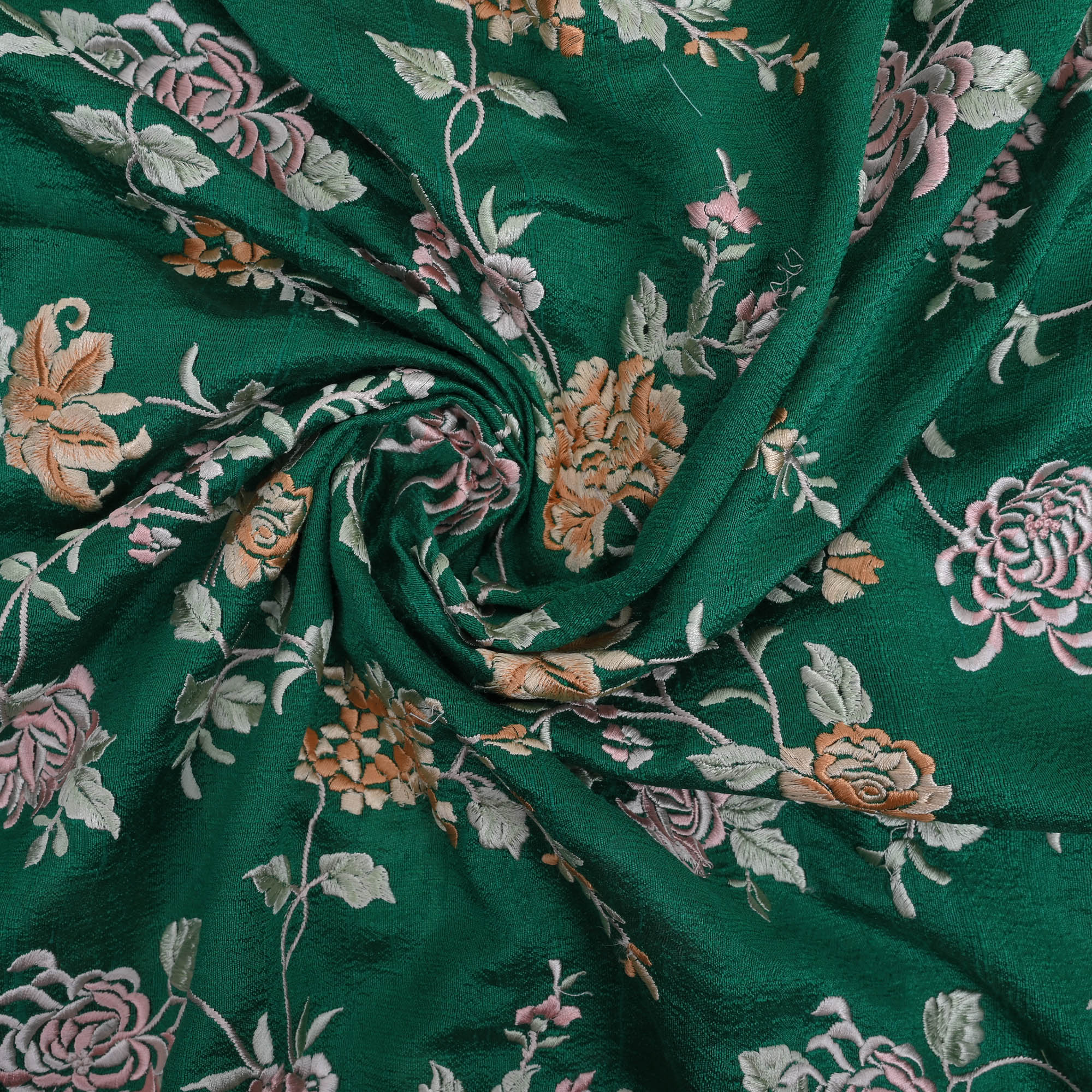 Bottle Green Embroidered Raw Silk Fabric