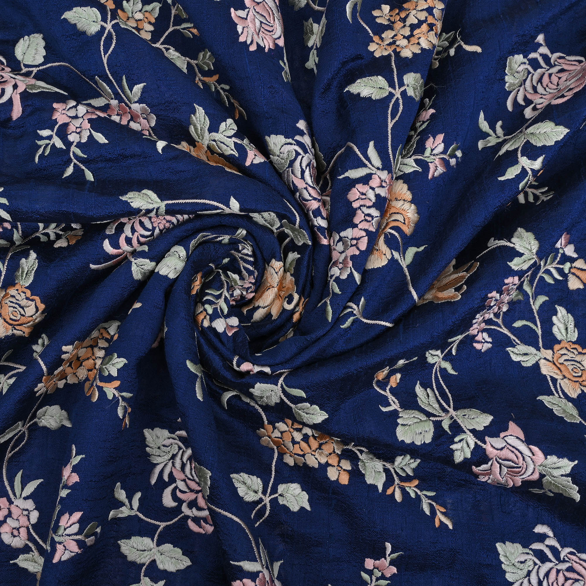 Deep Blue Embroidery Rawsilk Fabric