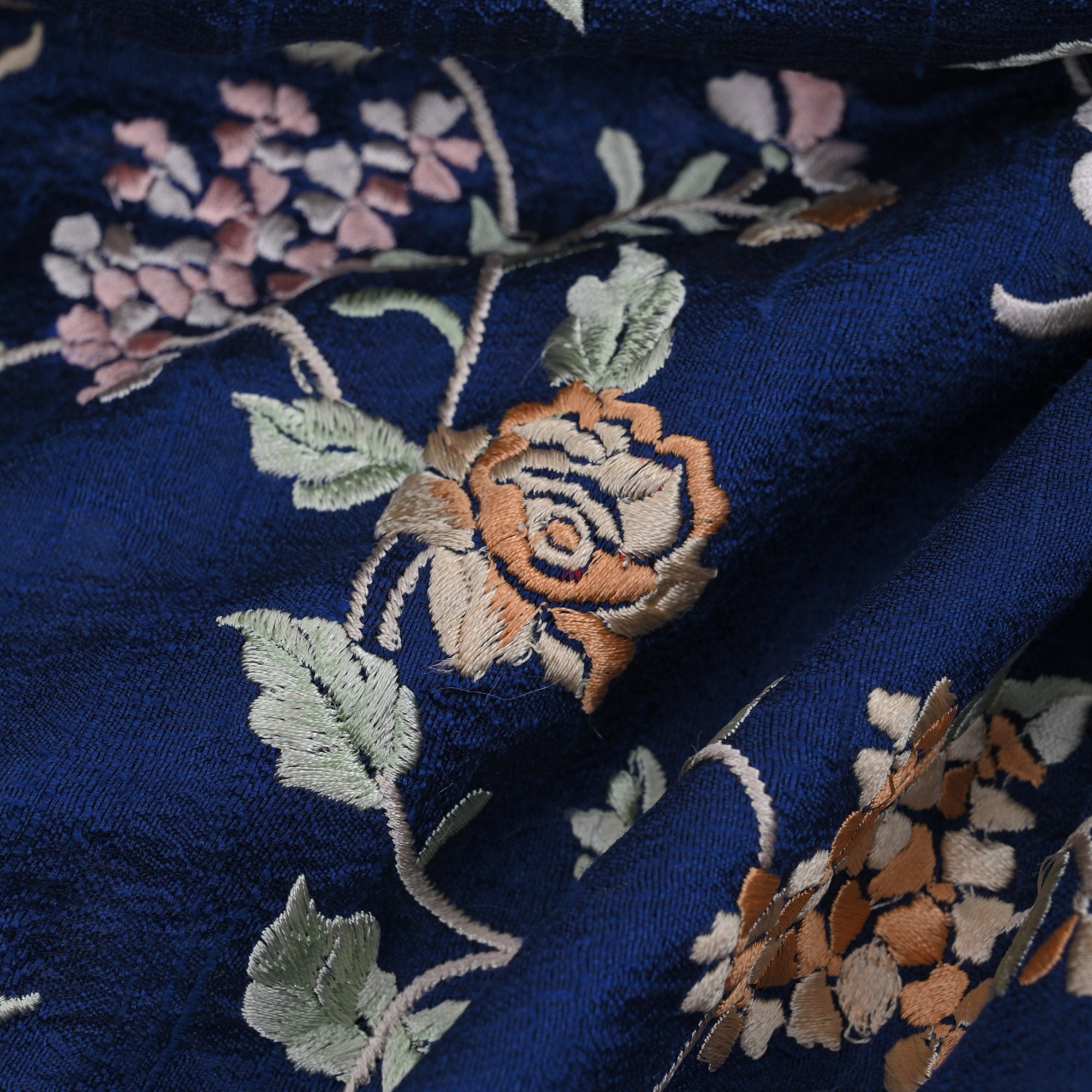 Deep Blue Embroidery Rawsilk Fabric