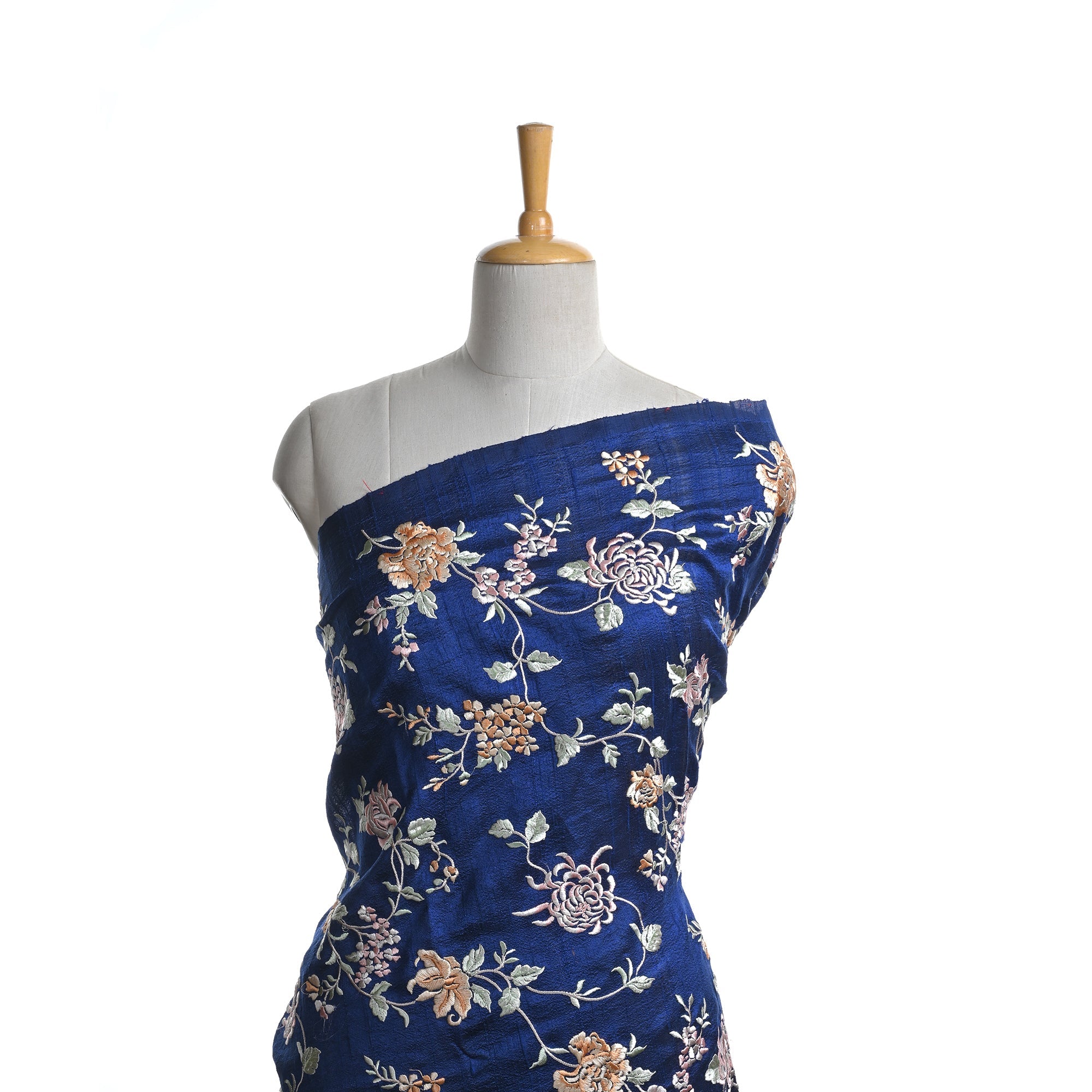 Deep Blue Embroidered Raw Silk Fabric