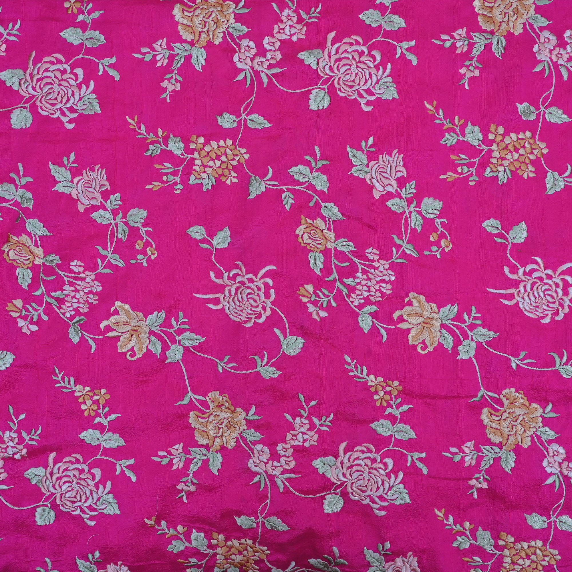 Neon Pink Embroidery Rawsilk Fabric