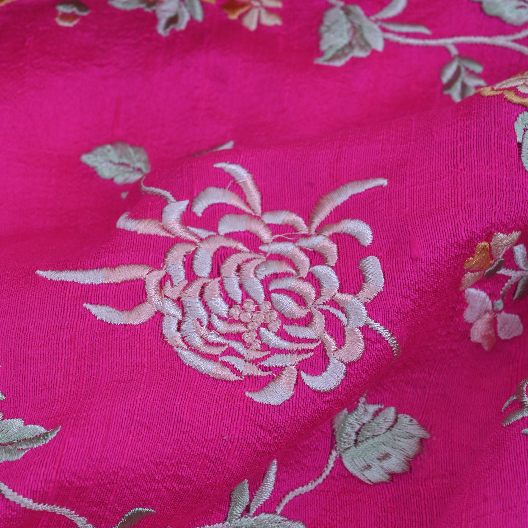 Neon Pink Embroidery Rawsilk Fabric