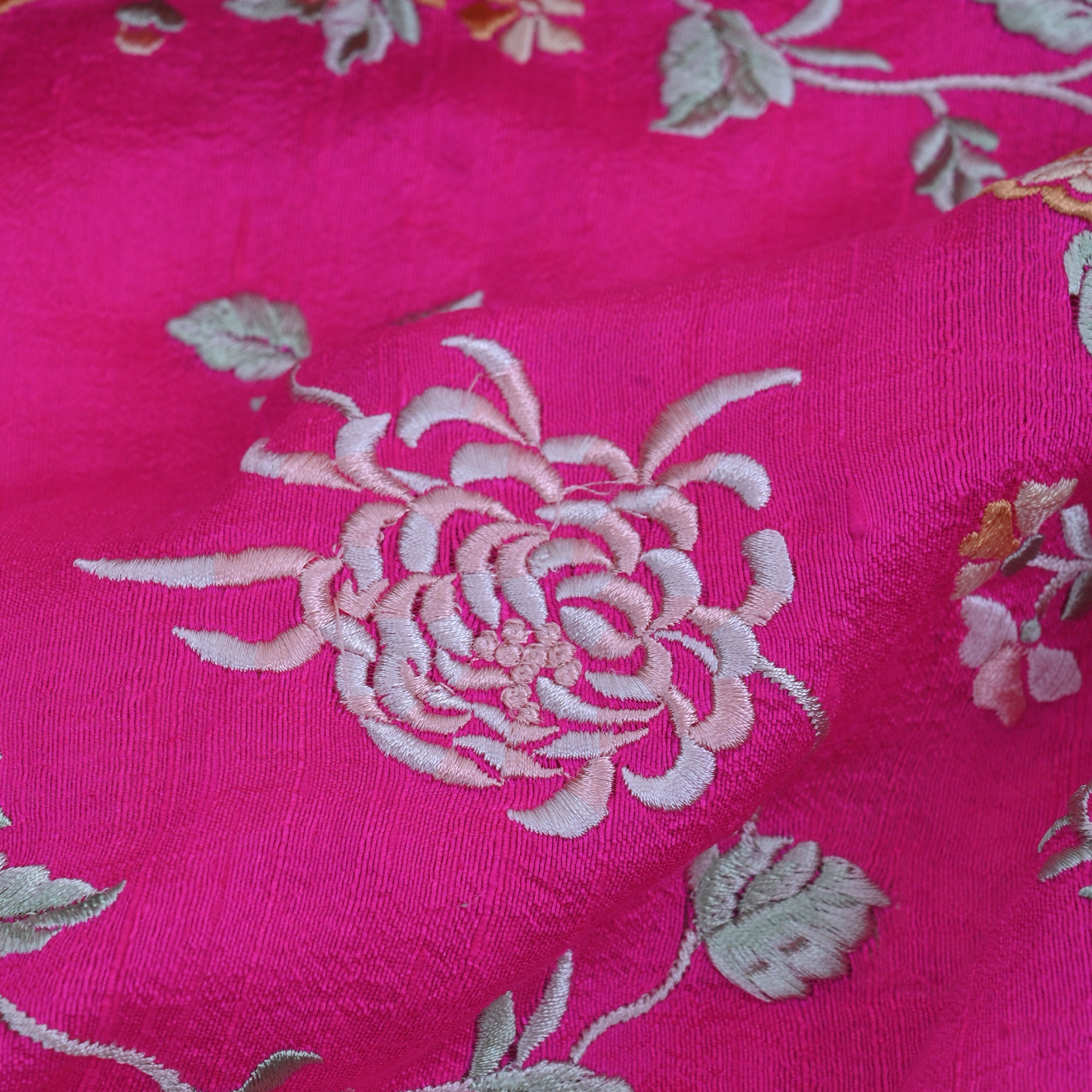 Neon Pink Embroidered Raw Silk Fabric