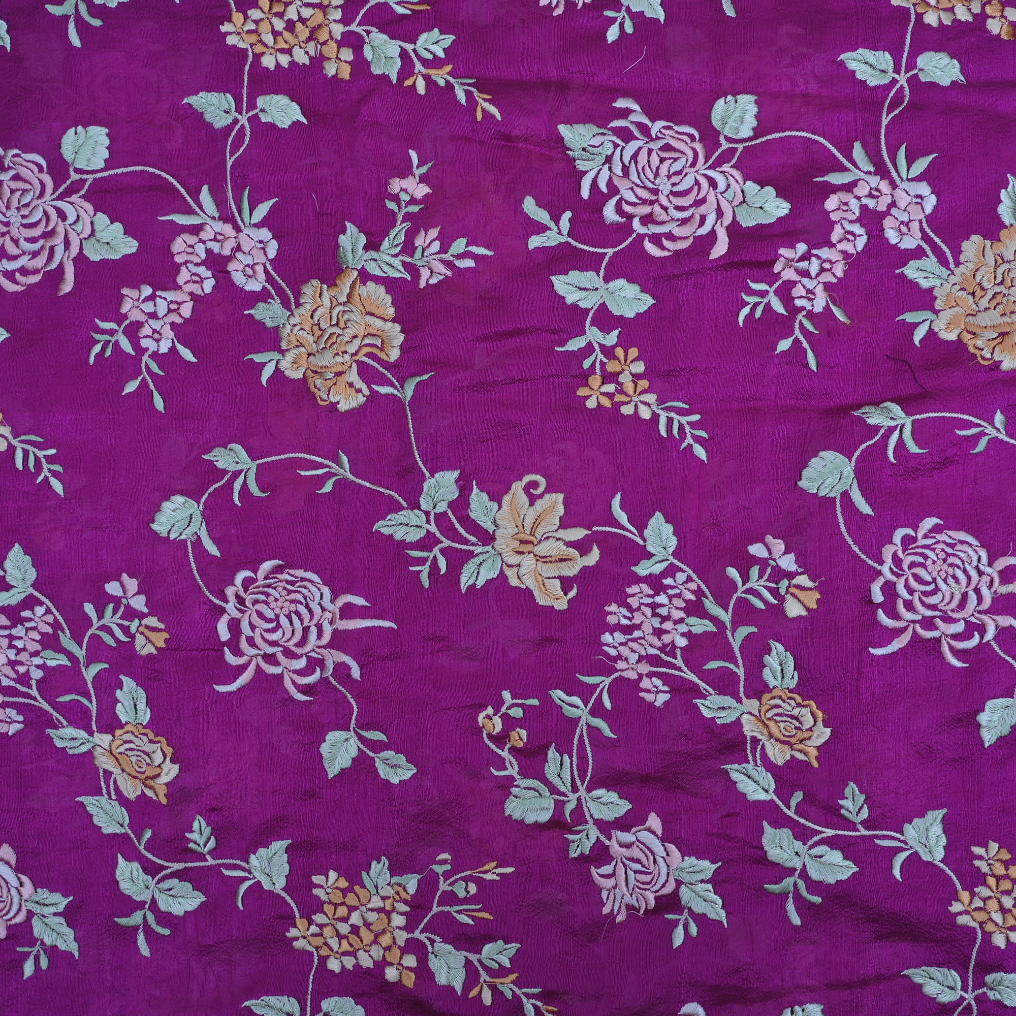 Dark Magenta Embroidery Rawsilk Fabric