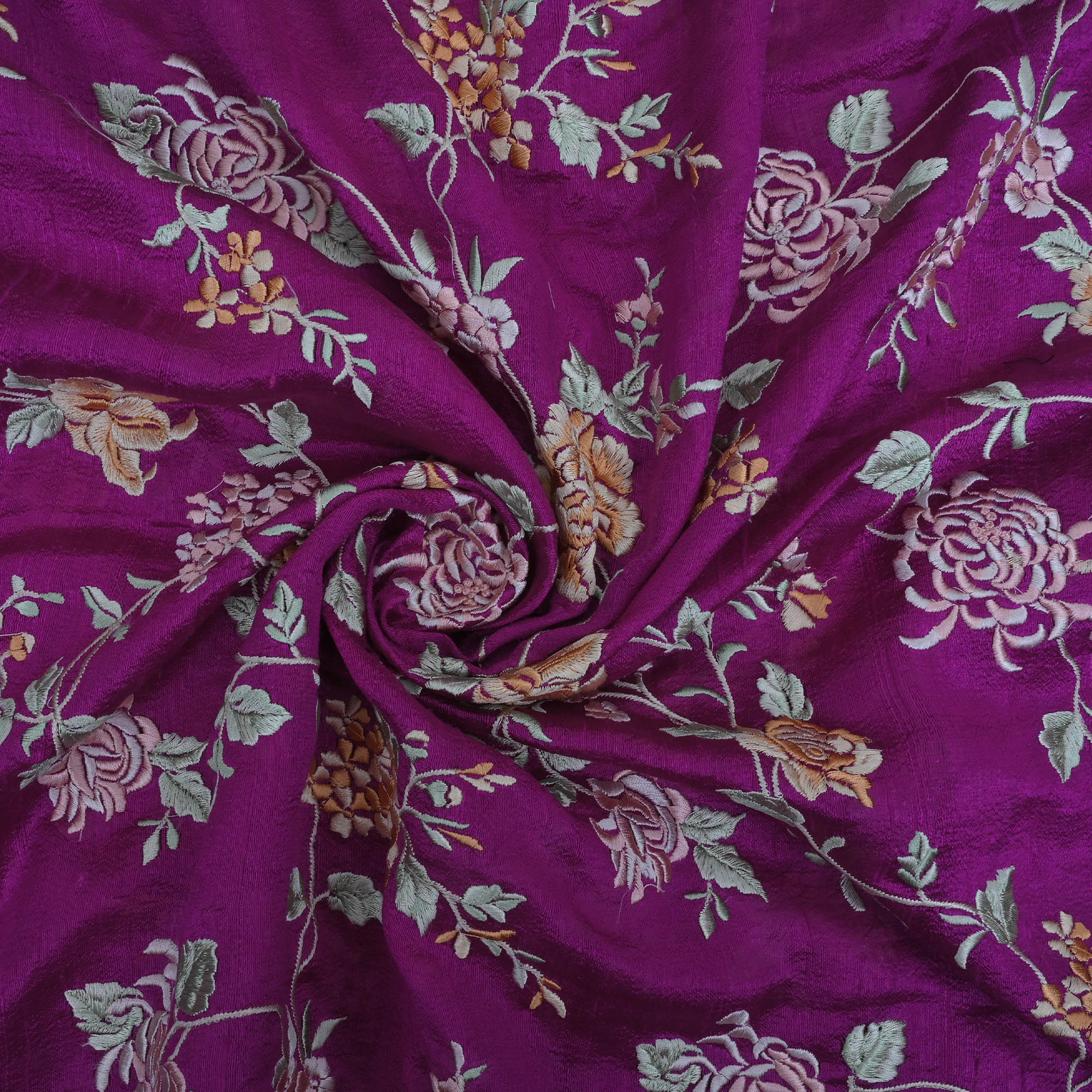 Dark Magenta Embroidery Rawsilk Fabric