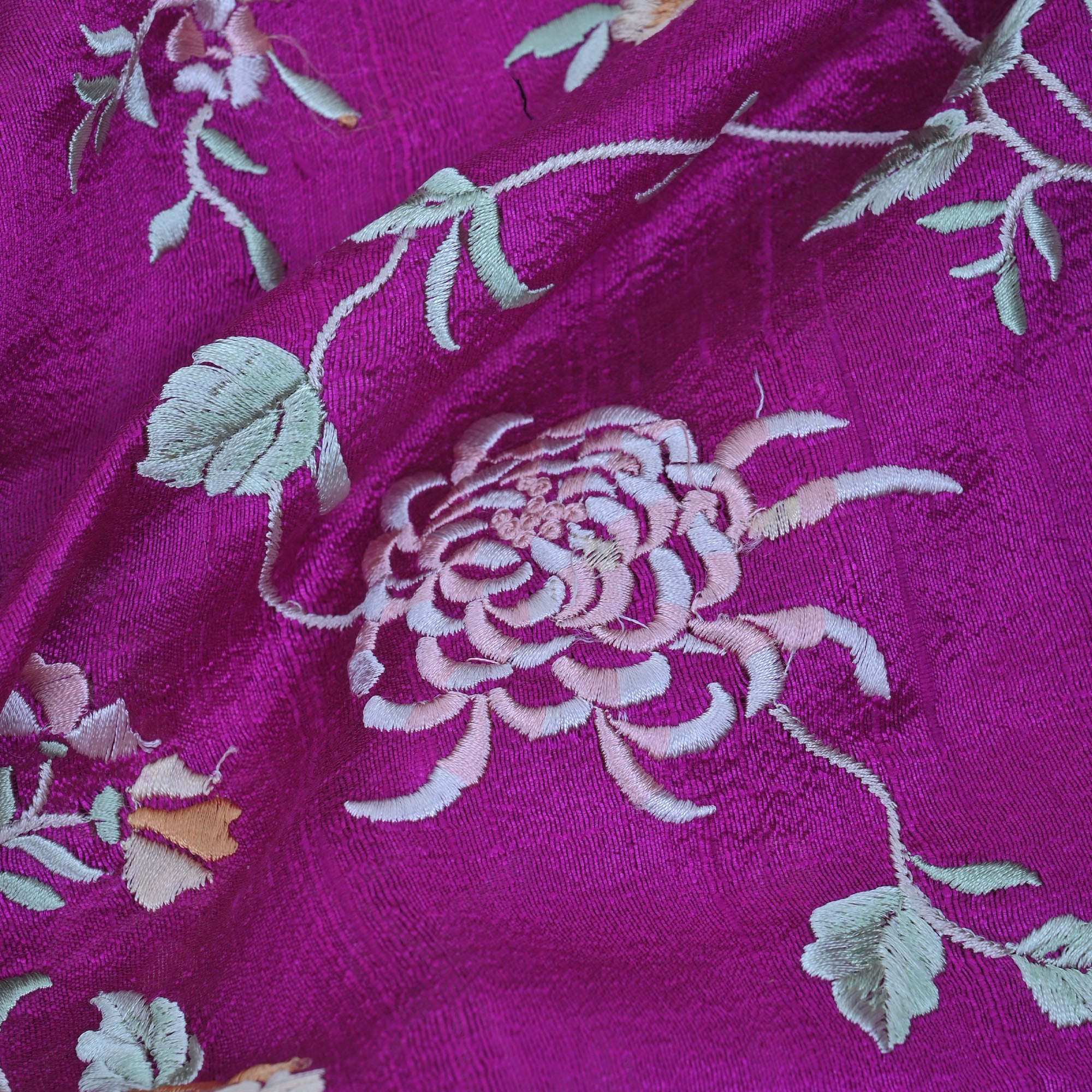 Dark Magenta Embroidery Rawsilk Fabric