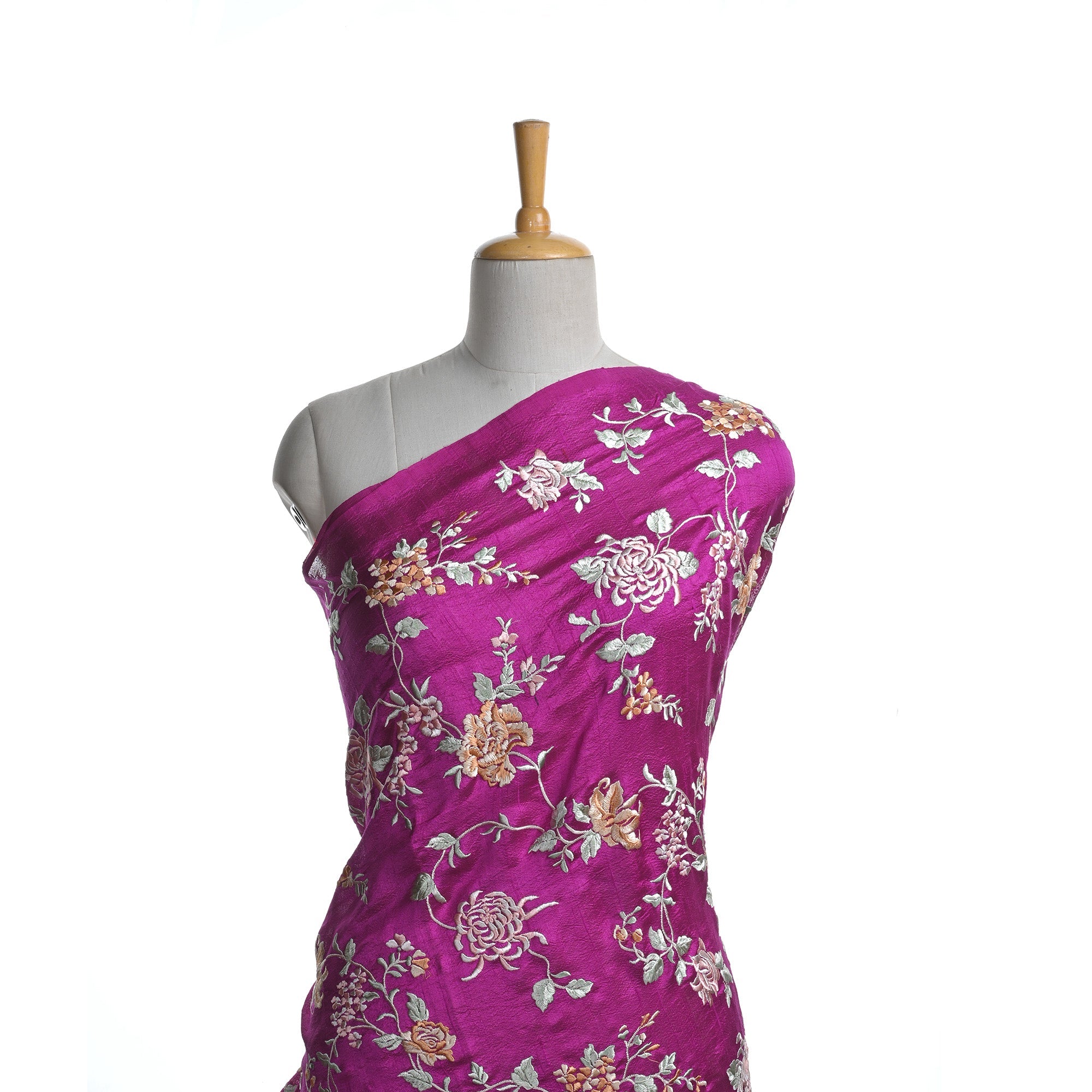 Dark Magenta Embroidered Raw Silk Fabric