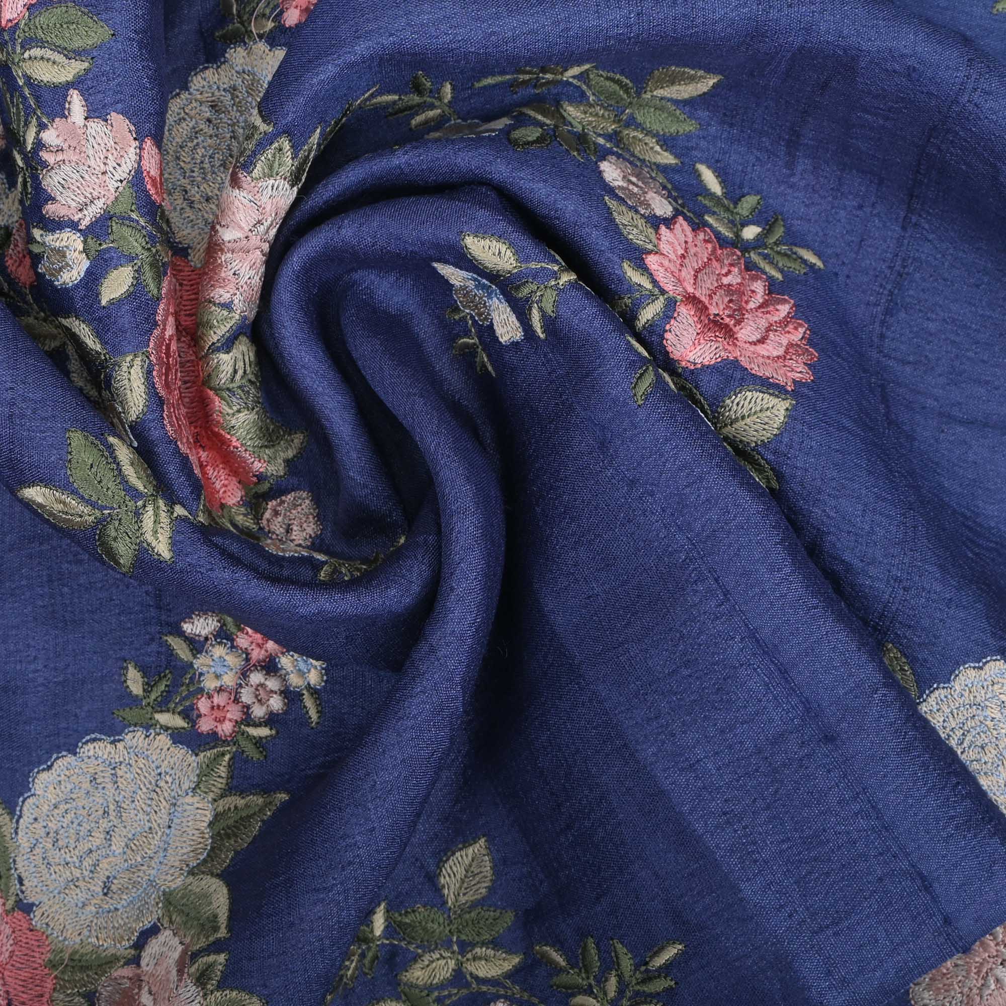 Yale Blue Embroidered Tussar Fabric