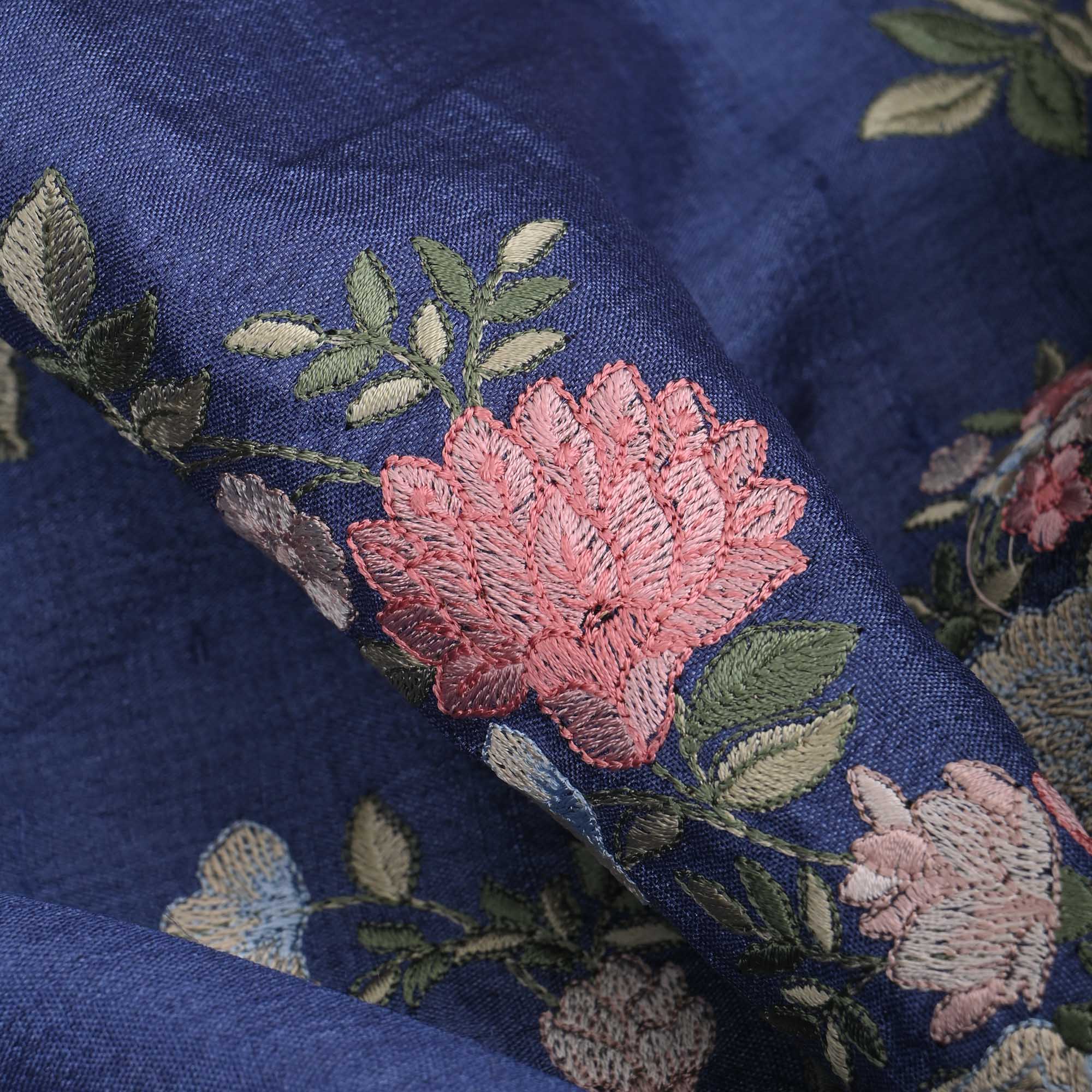 Yale Blue Embroidered Tussar Fabric