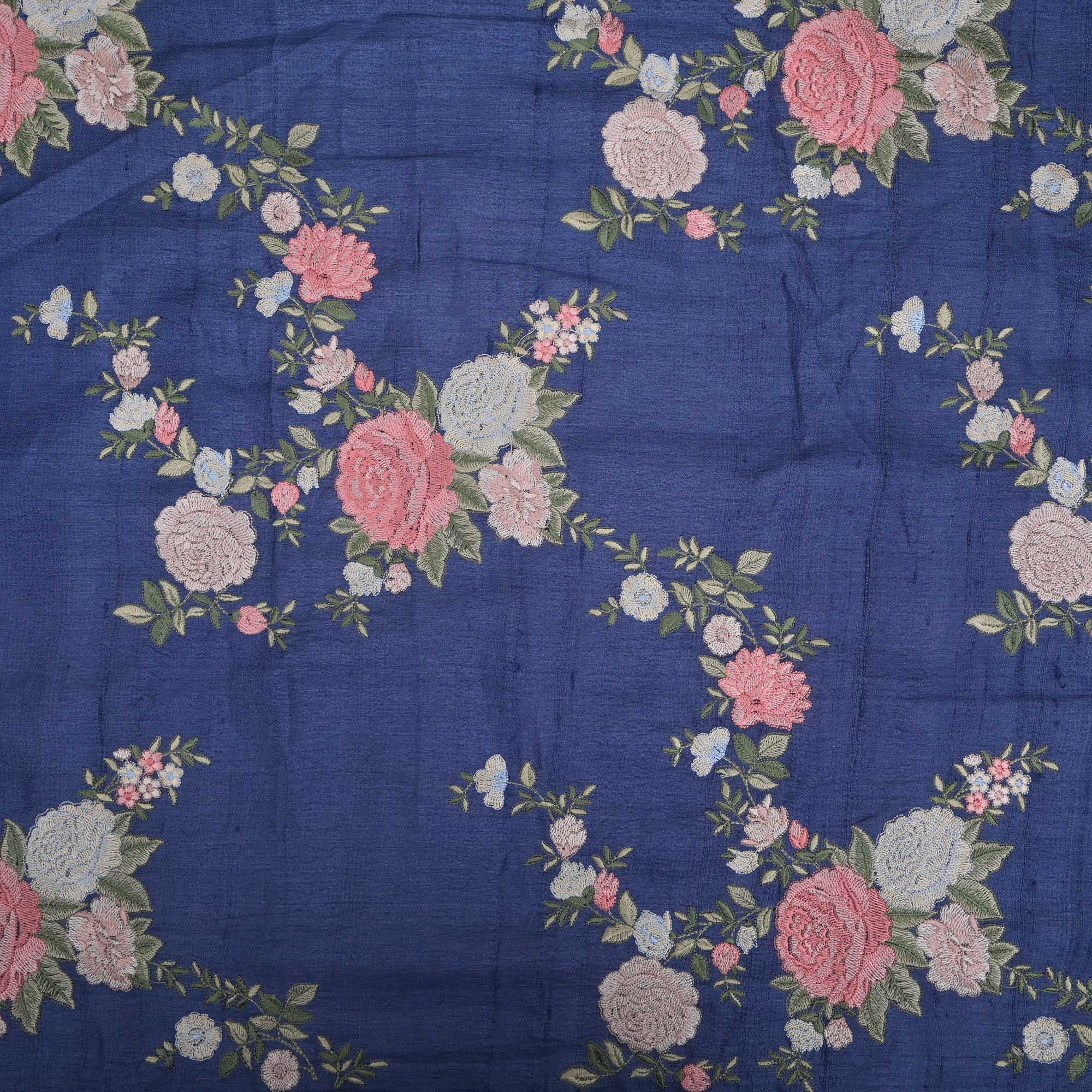 Yale Blue Embroidered Tussar Fabric