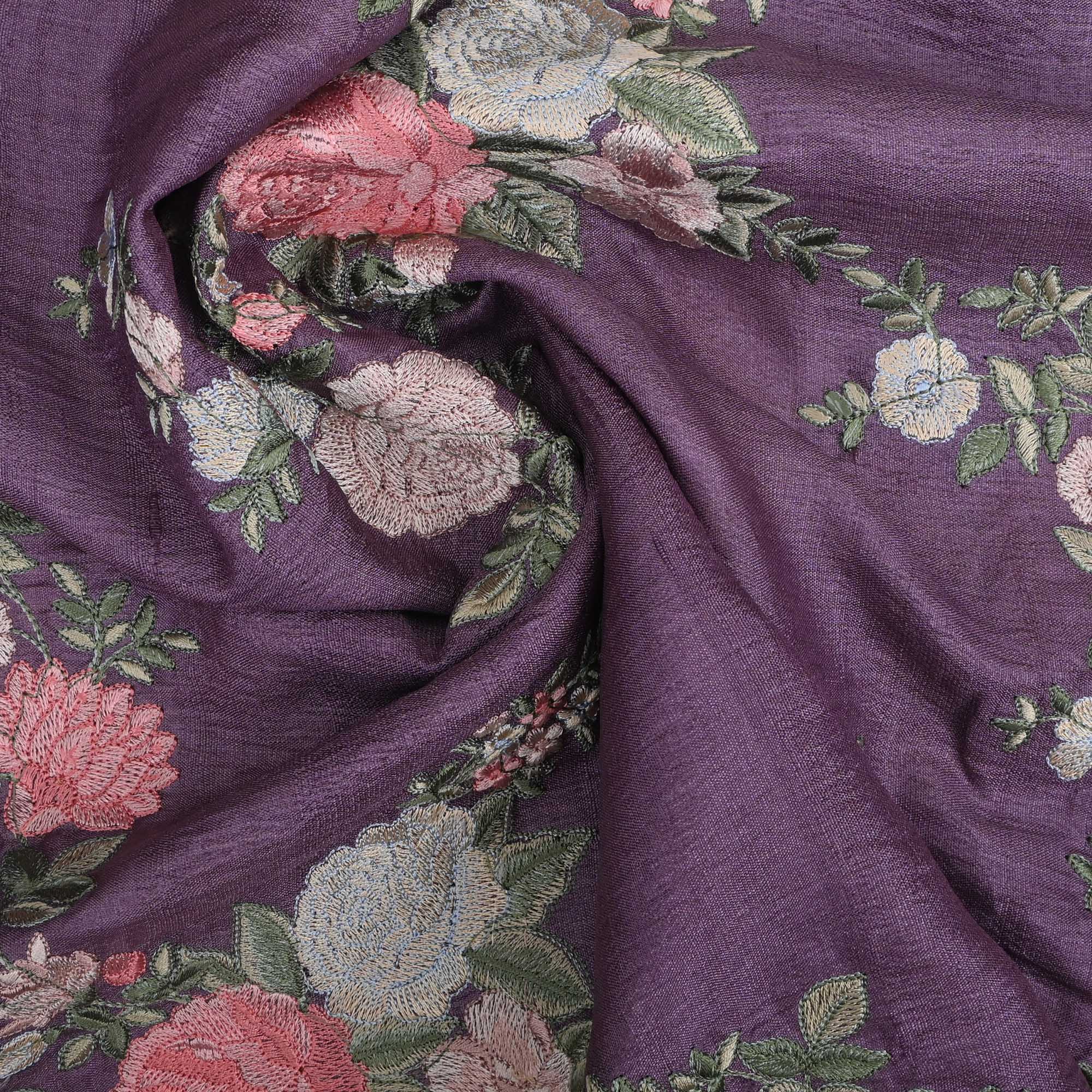 Lavender Grey Embroidered Tussar Fabric