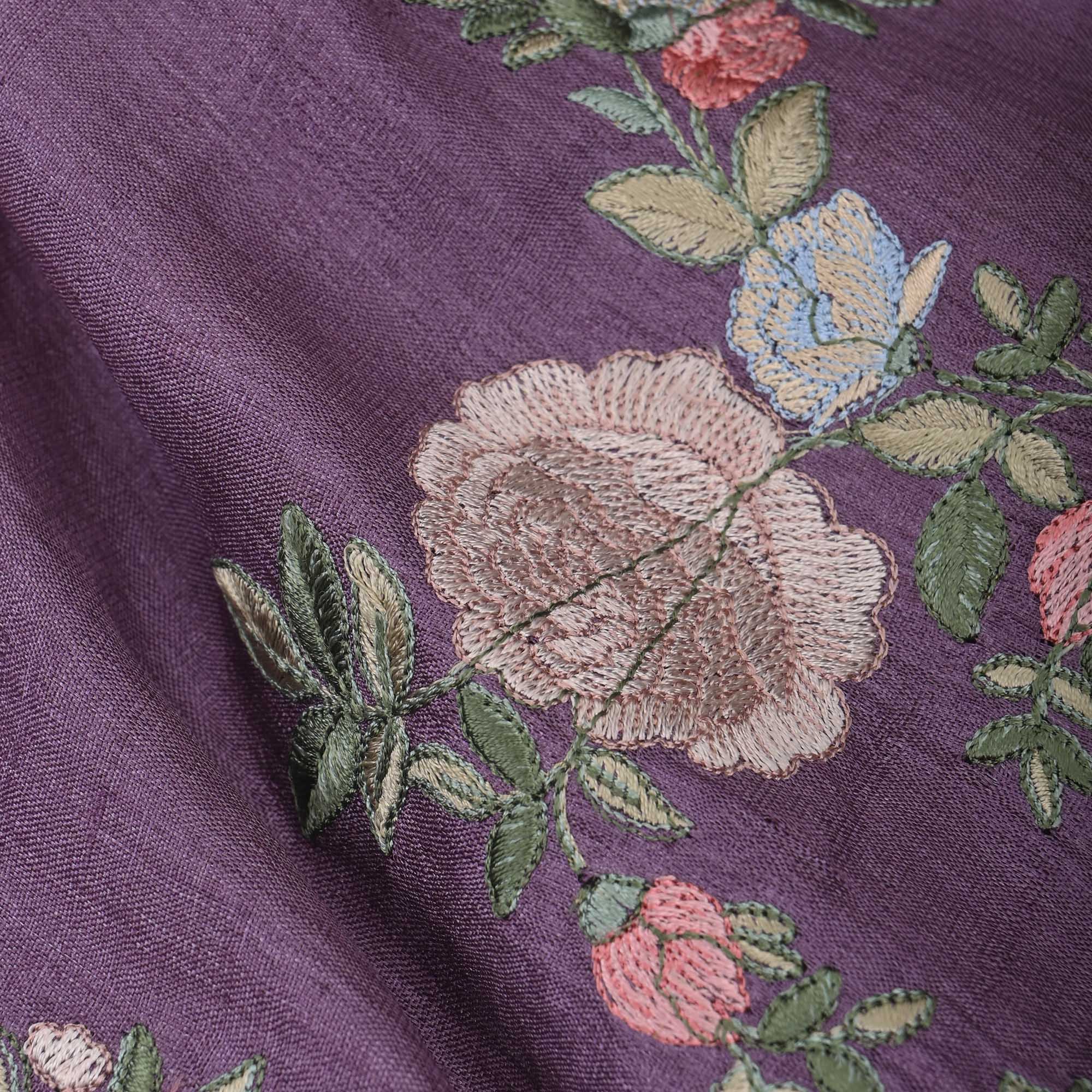 Lavender Grey Embroidered Tussar Fabric