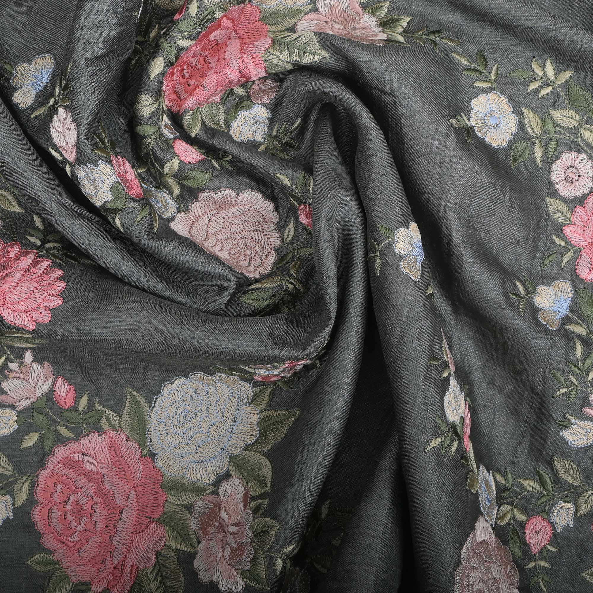 Charcoal Grey Embroidered Tussar Fabric