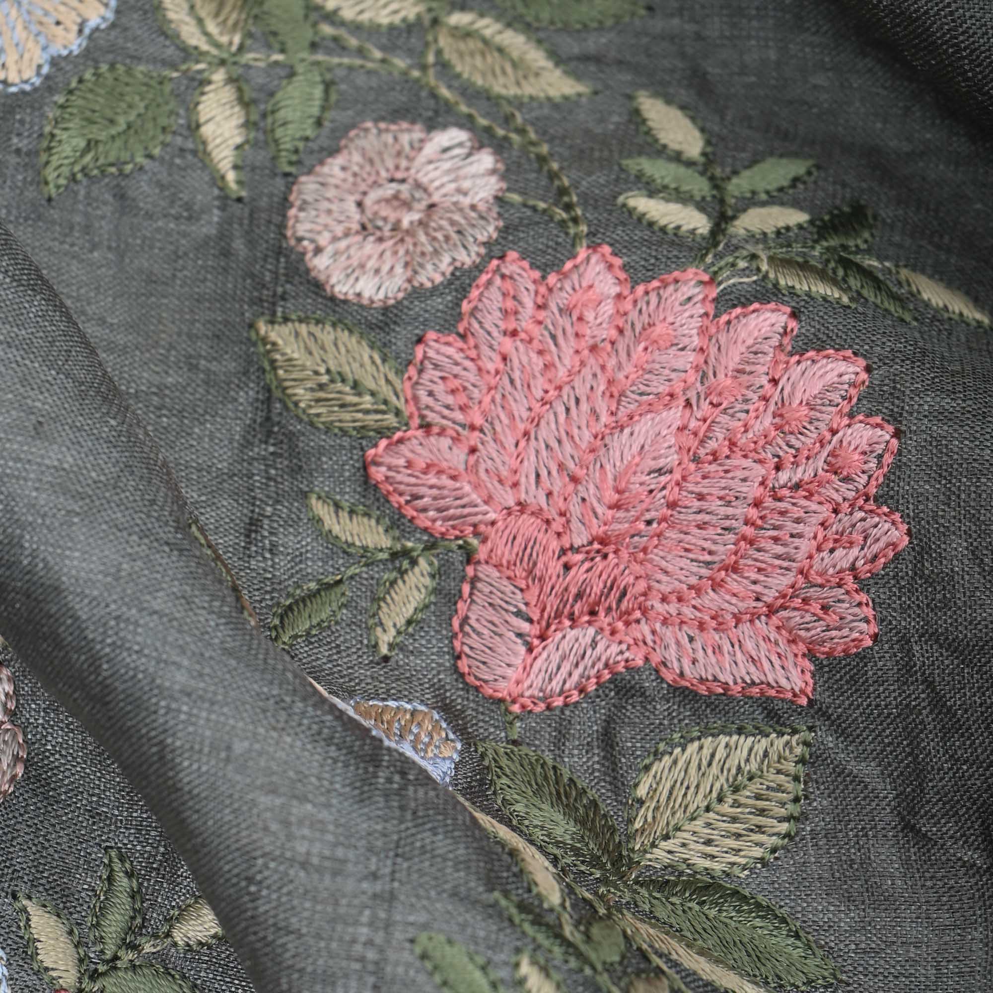 Charcoal Grey Embroidered Tussar Fabric