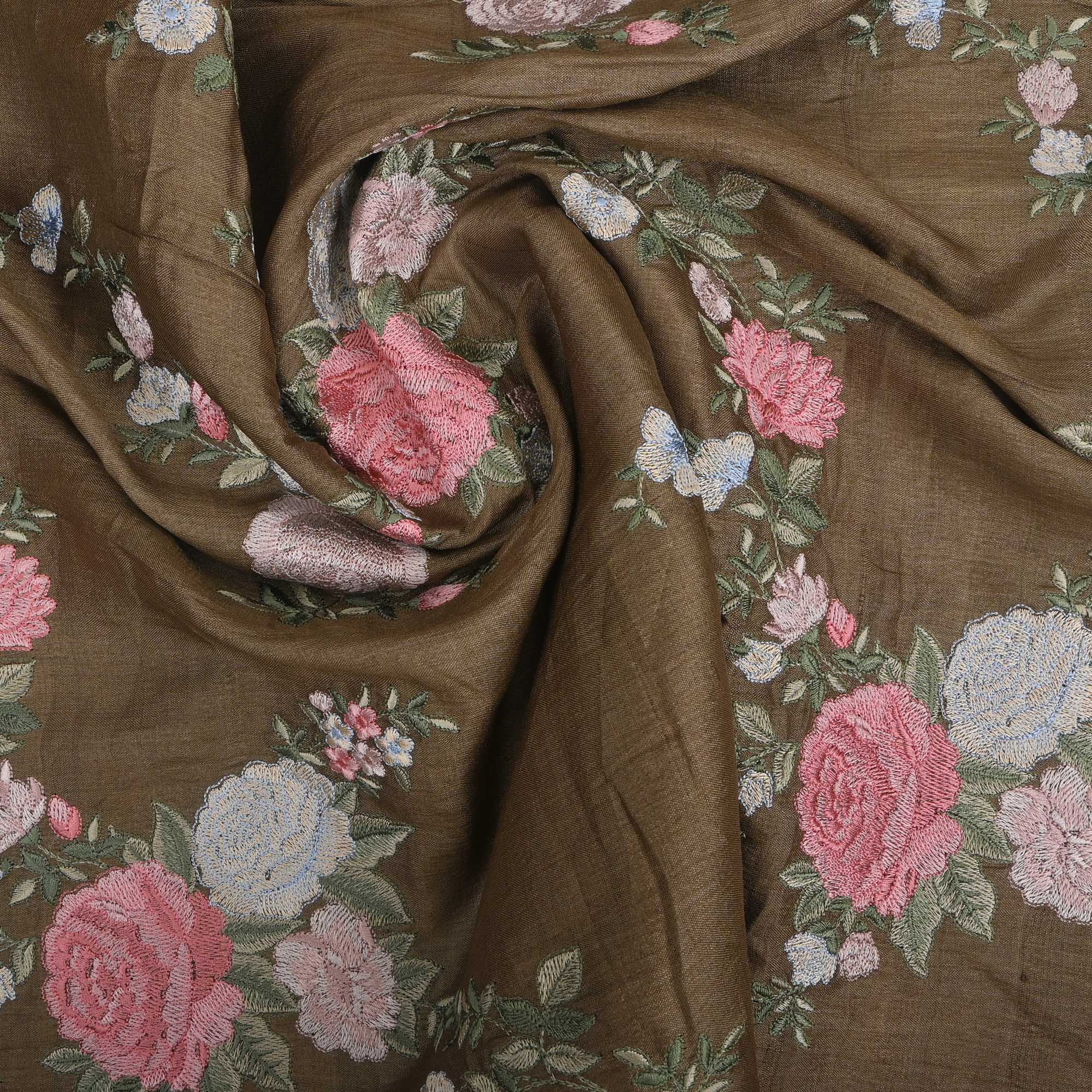 Chicory Brown Embroidered Tussar Fabric