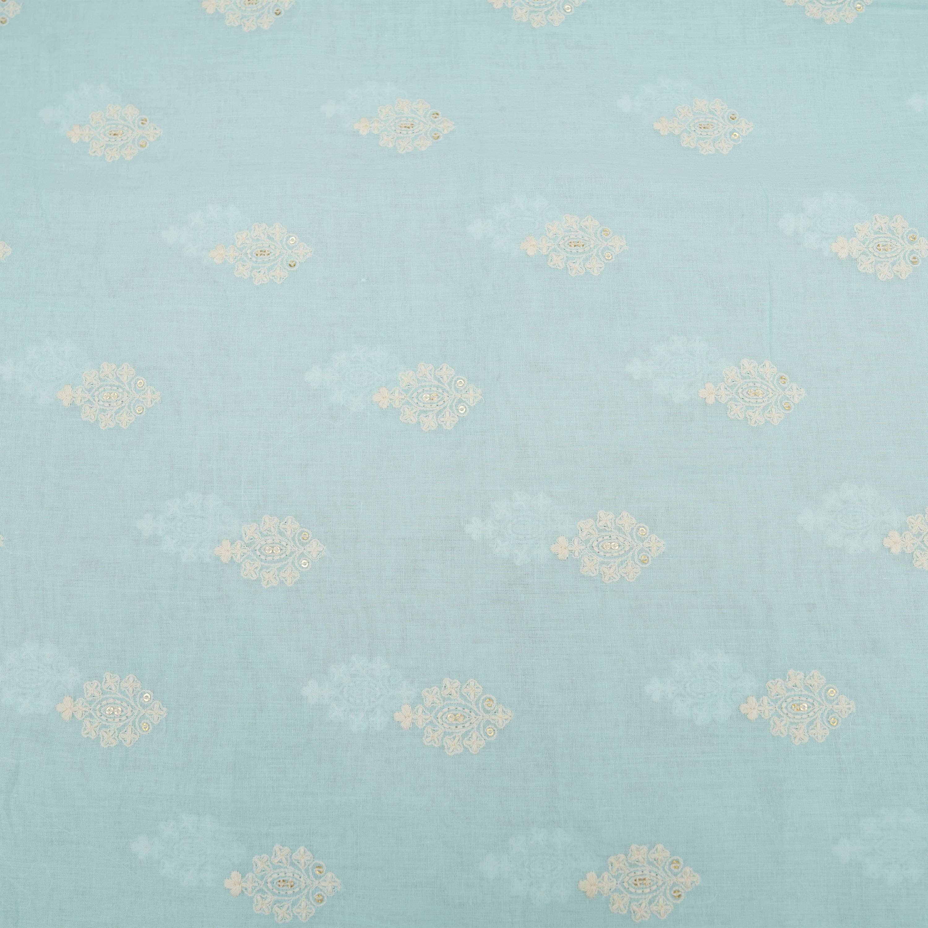 Powder Blue Floral Embroidery Thread Work On Cotton Fabric