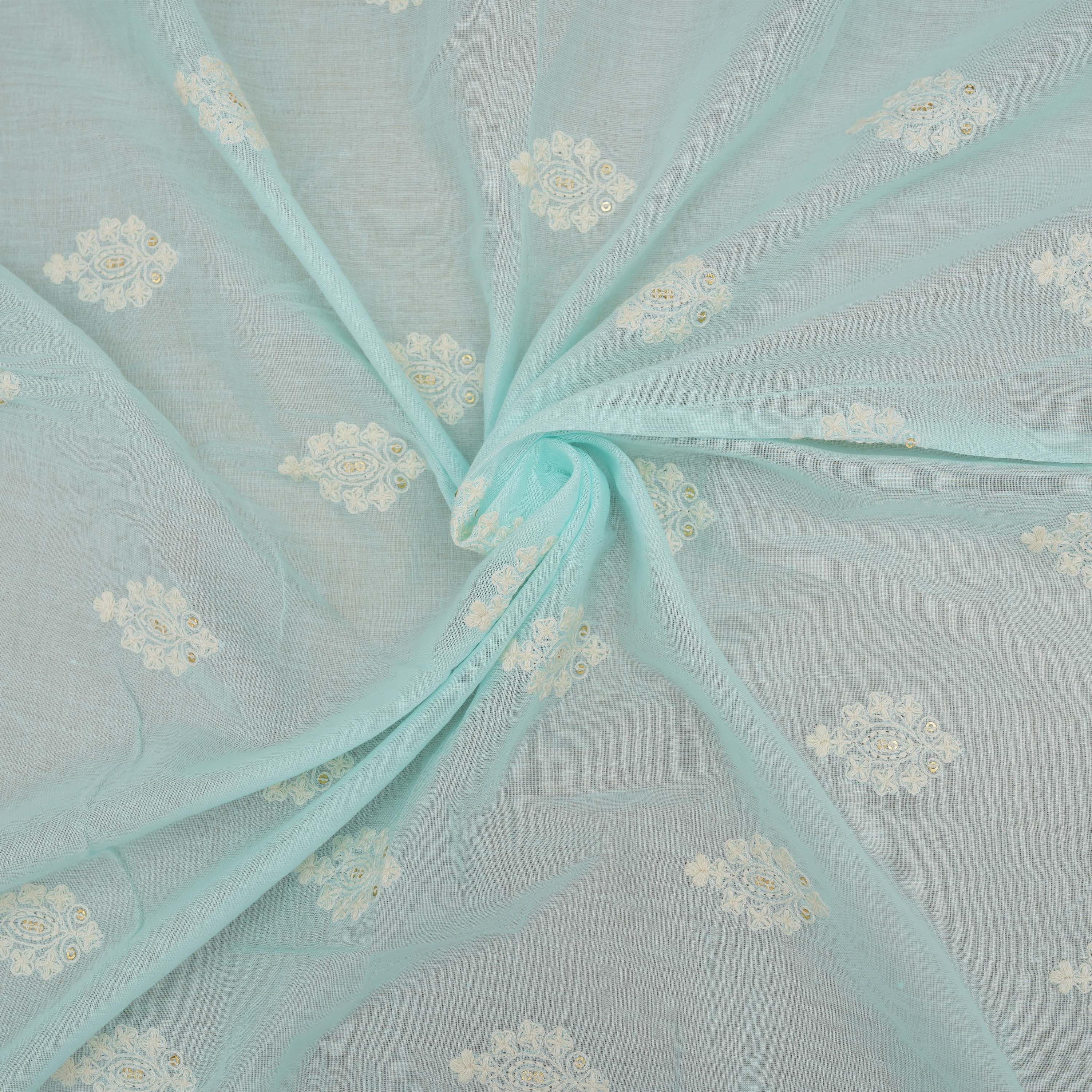 Powder Blue Floral Embroidery Threadwork On Cotton Fabric
