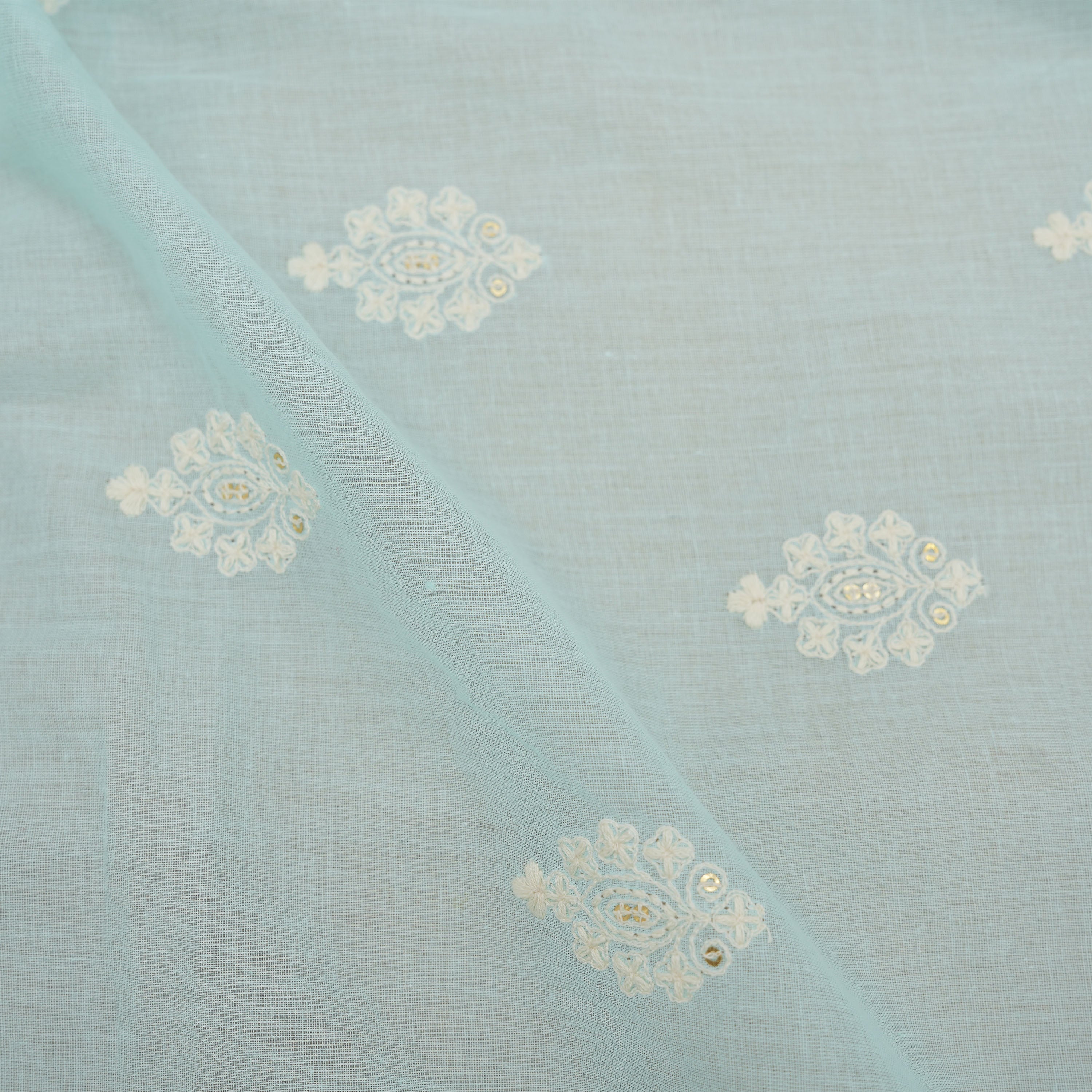 Powder Blue Floral Embroidery Threadwork On Cotton Fabric
